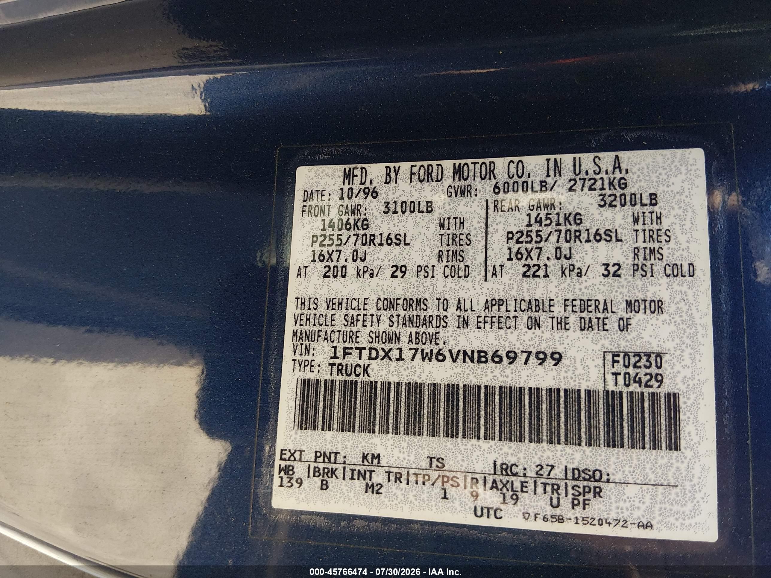 1997 Ford F-150 Standard Lariat/standard/xl/xlt Dark Blue vin: 1FTDX17W6VNB69799