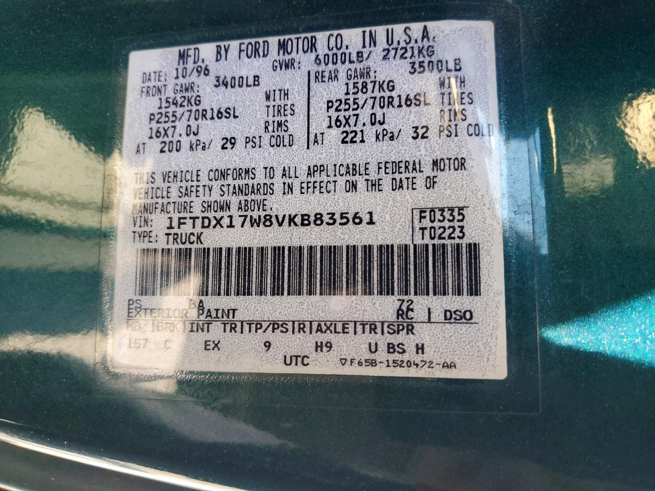 1997 Ford F150 Зеленый vin: 1FTDX17W8VKB83561