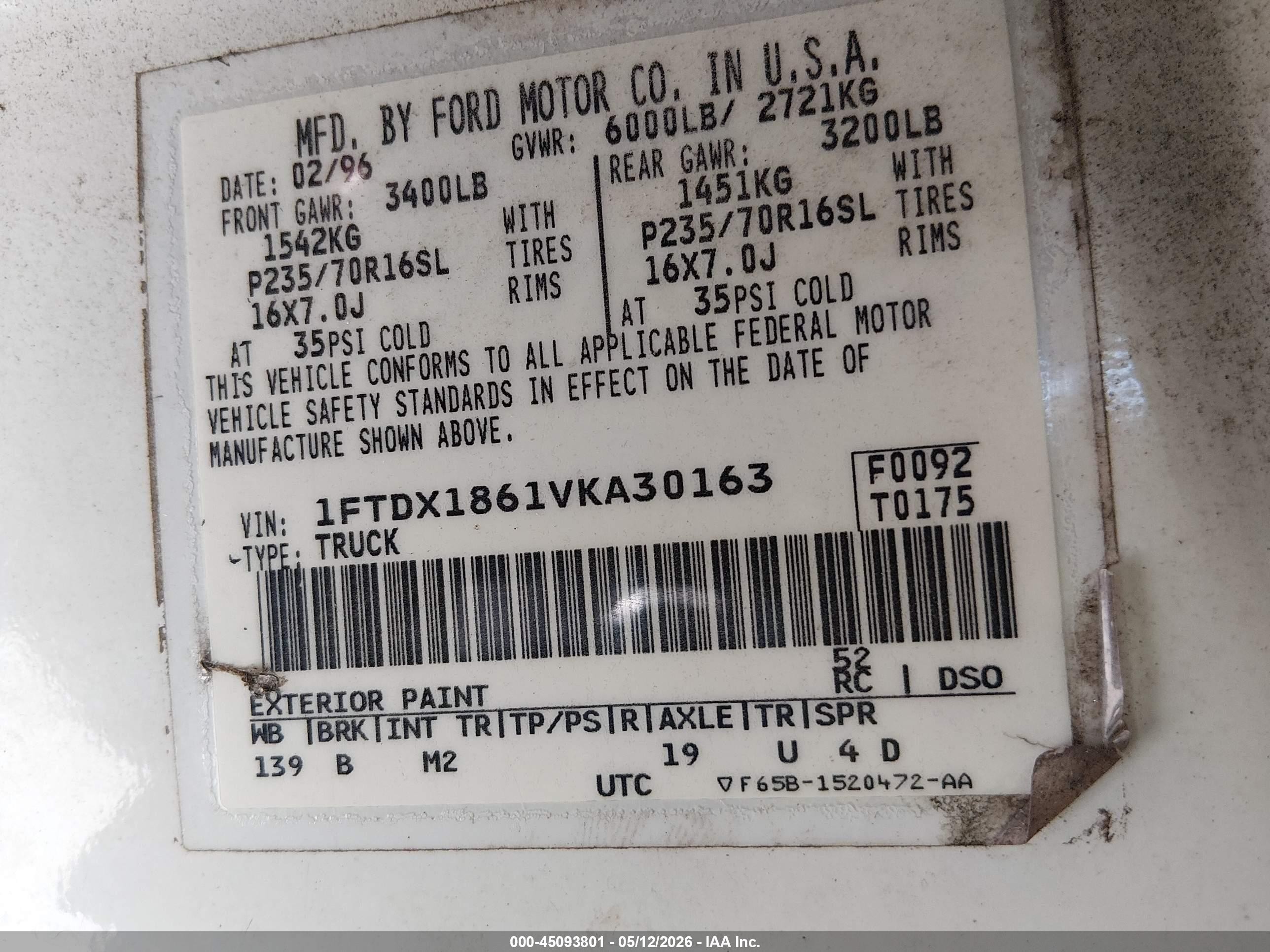 1997 Ford F-150 Lariat/xl/xlt White vin: 1FTDX1861VKA30163