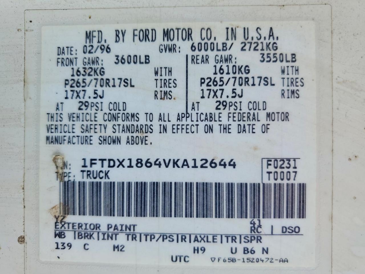 1997 Ford F150 Белый vin: 1FTDX1864VKA12644