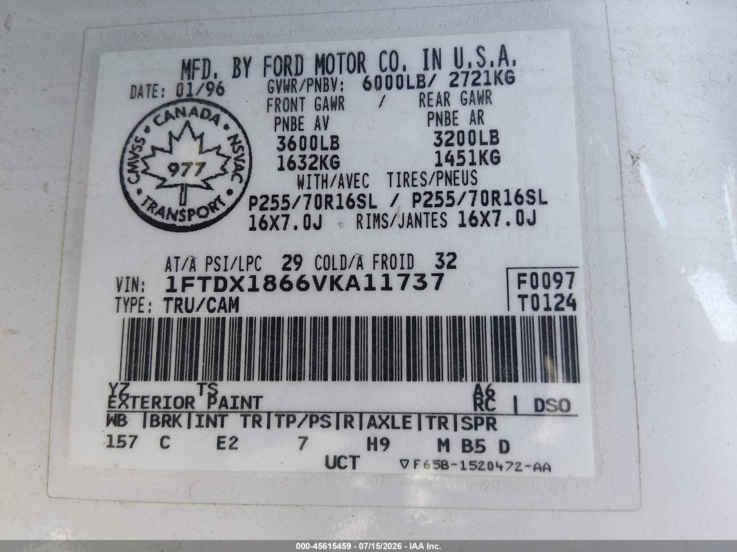 1997 Ford F-150 Lariat/xl/xlt White vin: 1FTDX1866VKA11737