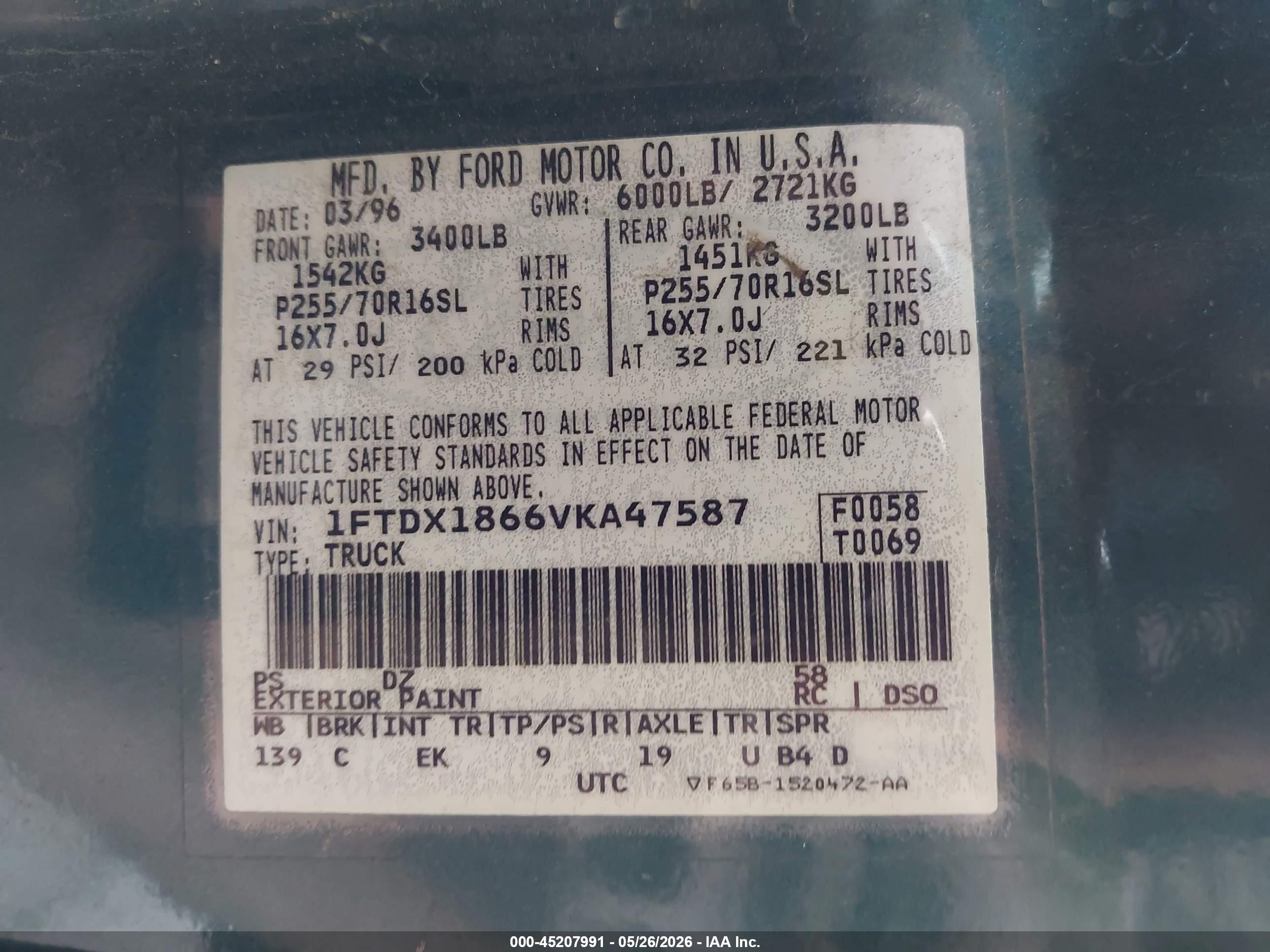 1997 Ford F-150 Lariat/xl/xlt Green vin: 1FTDX1866VKA47587