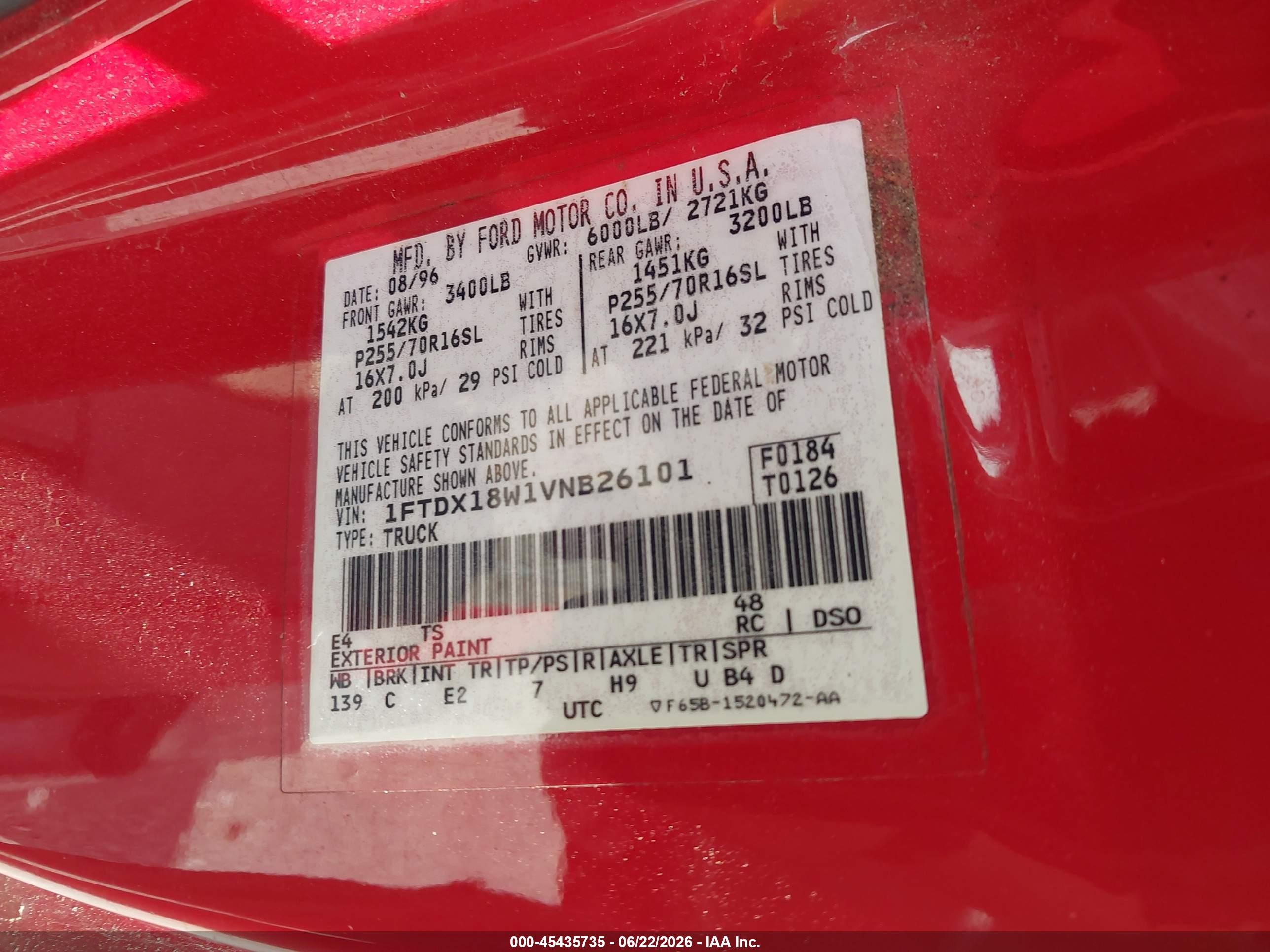 1997 Ford F-150 Lariat/xl/xlt Red vin: 1FTDX18W1VNB26101