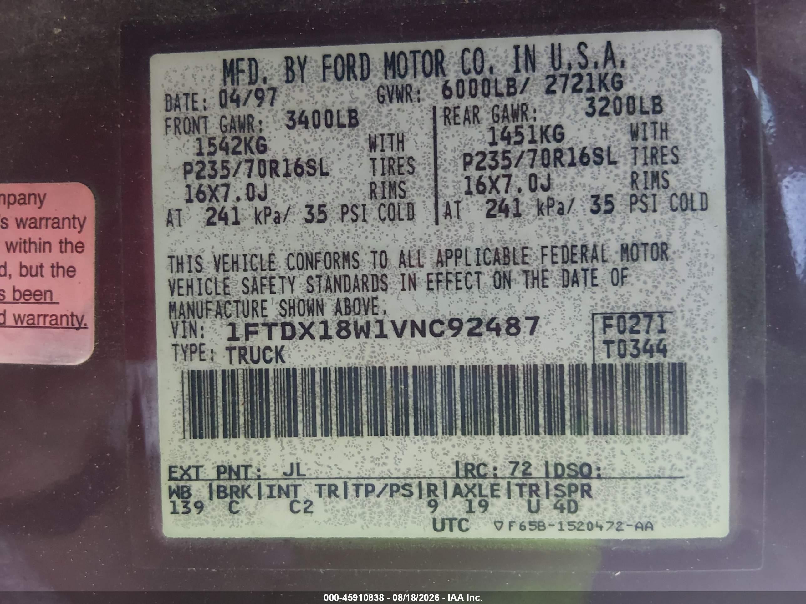 1997 Ford F-150 Lariat/xl/xlt Maroon vin: 1FTDX18W1VNC92487