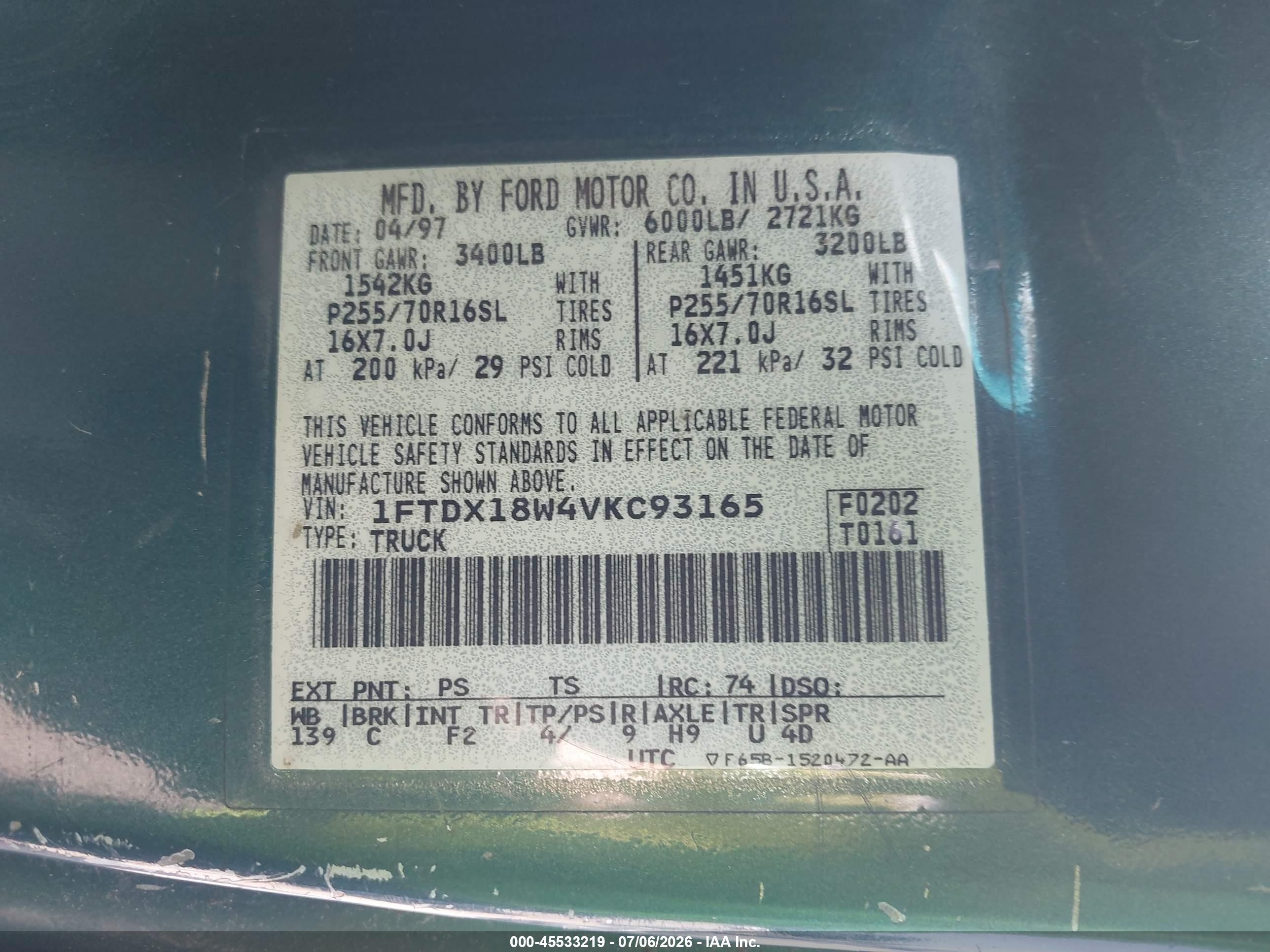 1997 Ford F-150 Lariat/xl/xlt Green vin: 1FTDX18W4VKC93165