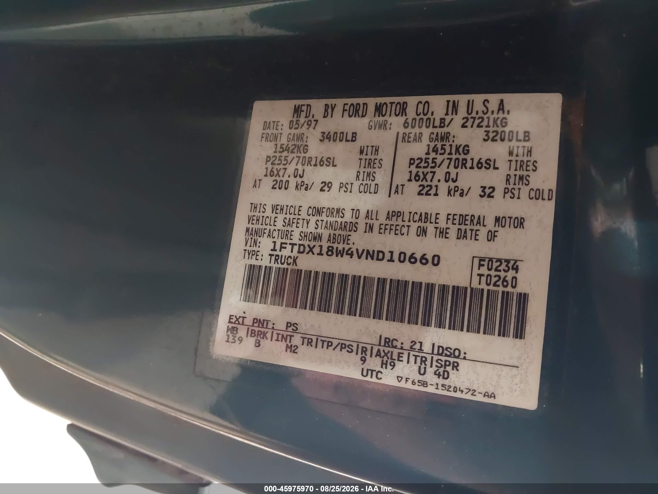 1997 Ford F-150 Lariat/xl/xlt Green vin: 1FTDX18W4VND10660