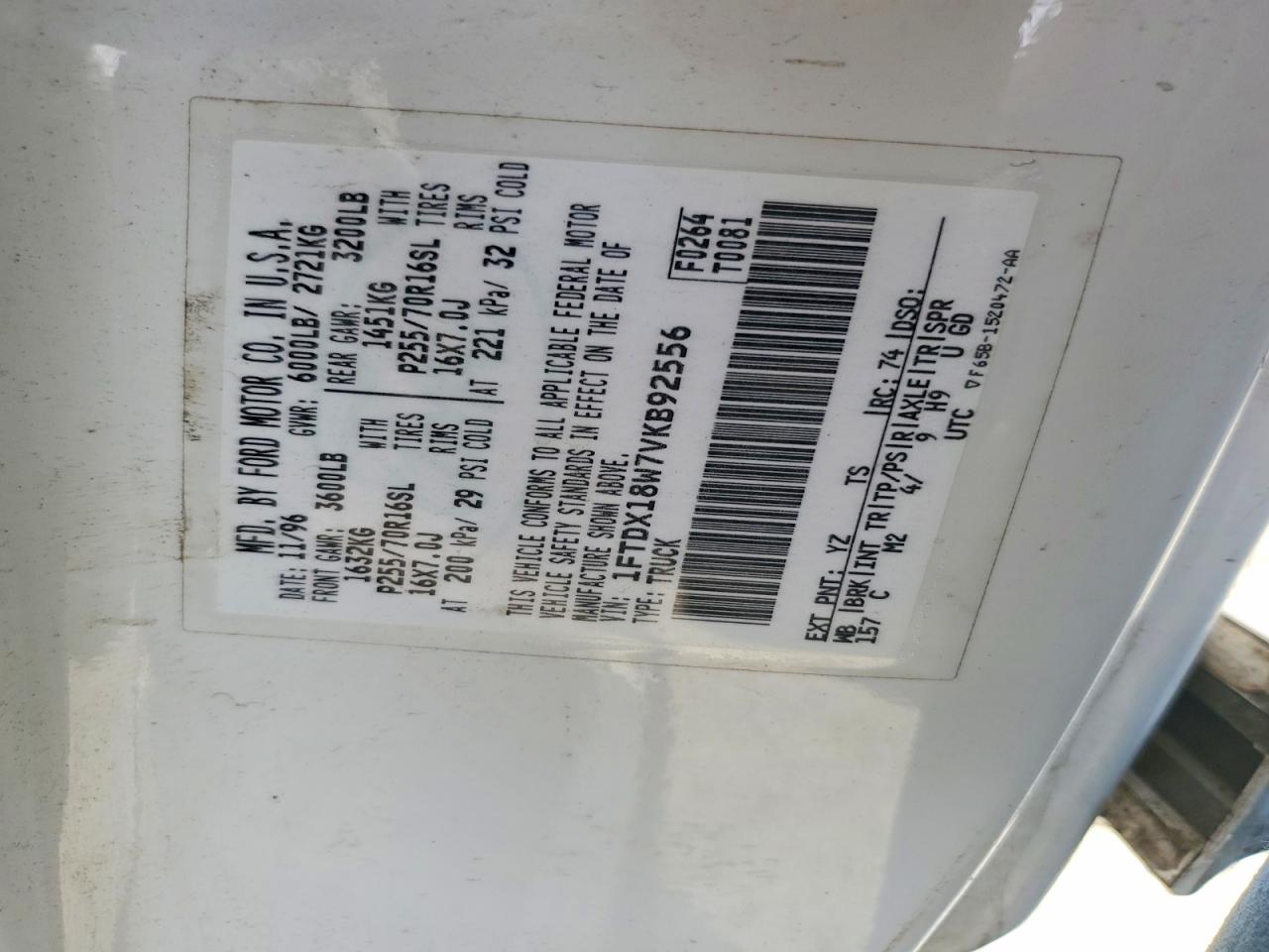 1997 Ford F150 White vin: 1FTDX18W7VKB92556