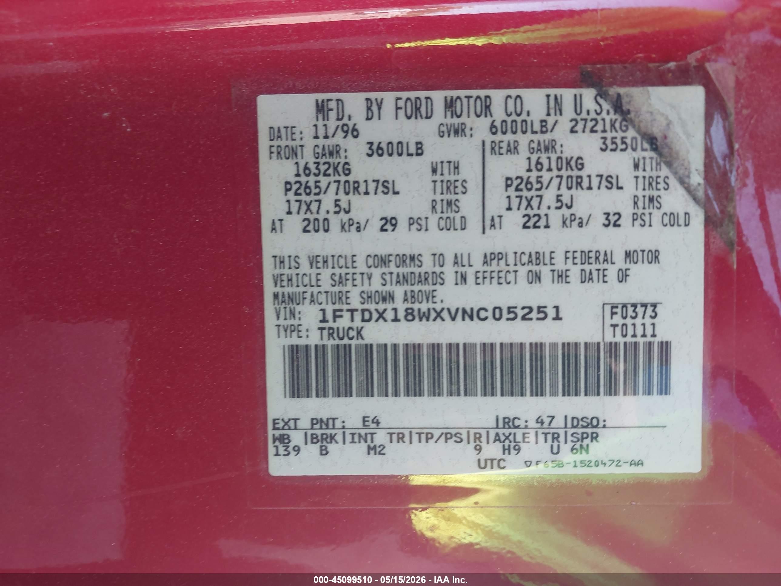 1997 Ford F-150 Lariat/xl/xlt Red vin: 1FTDX18WXVNC05251
