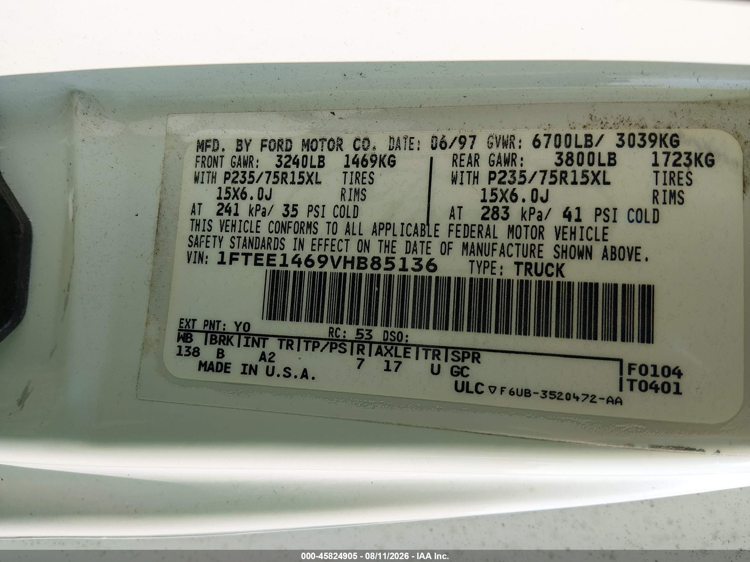 1997 Ford Econoline Standard White vin: 1FTEE1469VHB85136