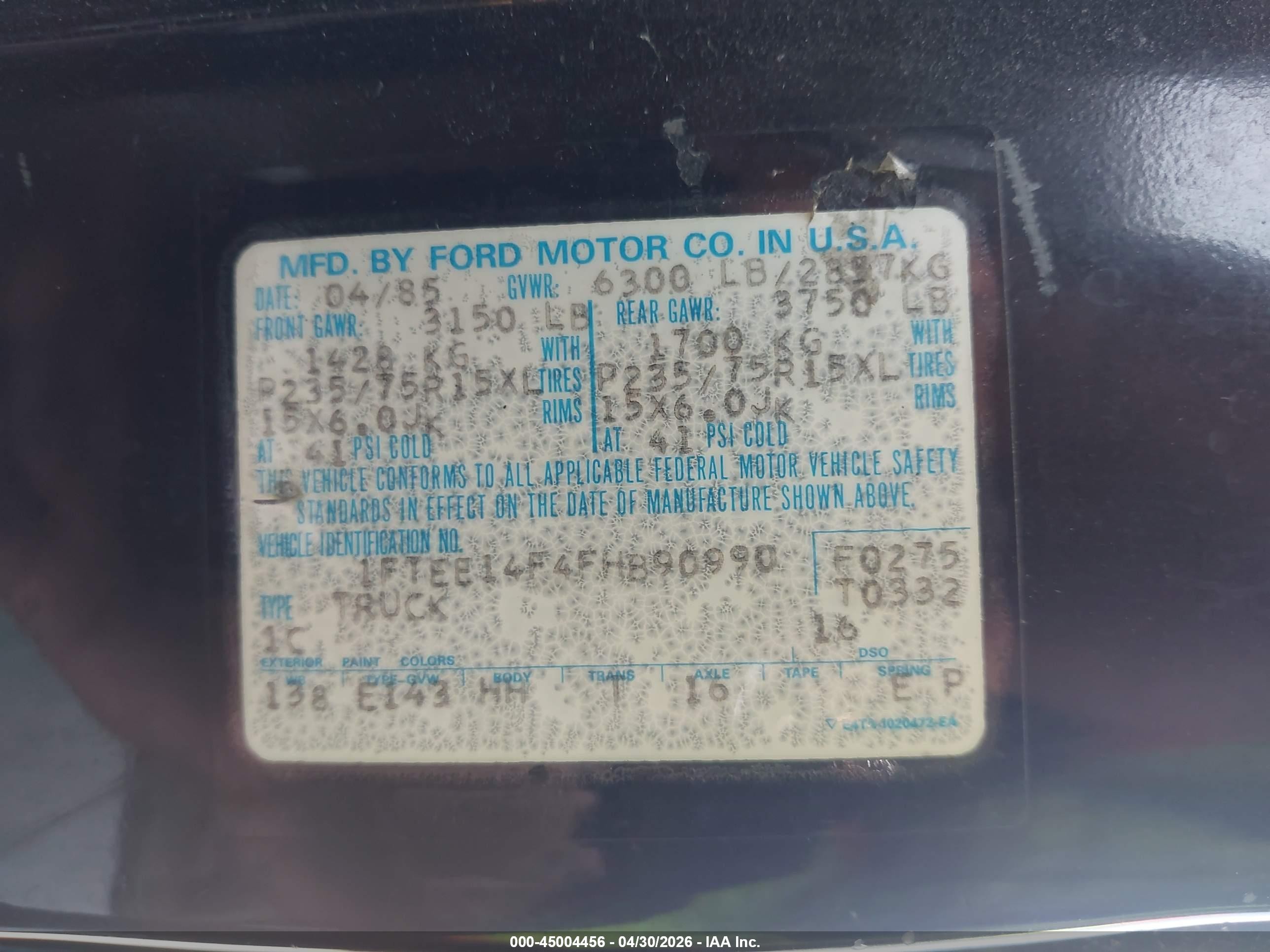 1985 Ford Econoline E150 Van Black vin: 1FTEE14F4FHB90990