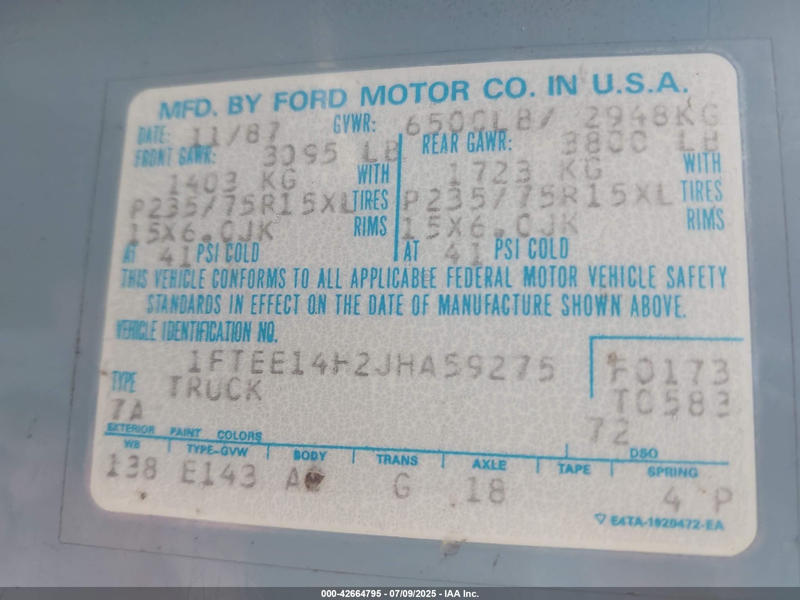 1988 Ford Econoline E150 Van Light Blue vin: 1FTEE14H2JHA59275