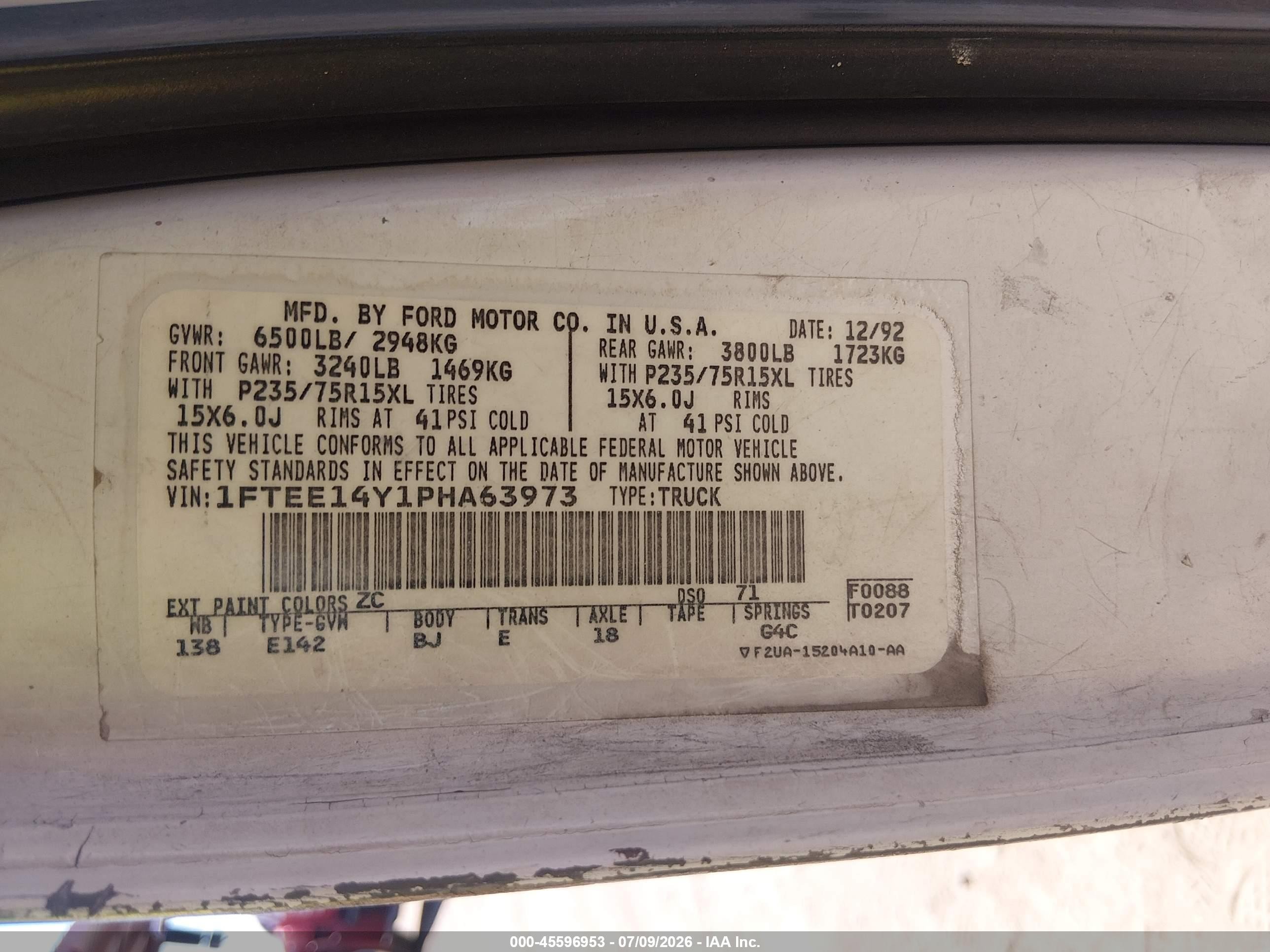 1993 Ford Econoline E150 Van White vin: 1FTEE14Y1PHA63973