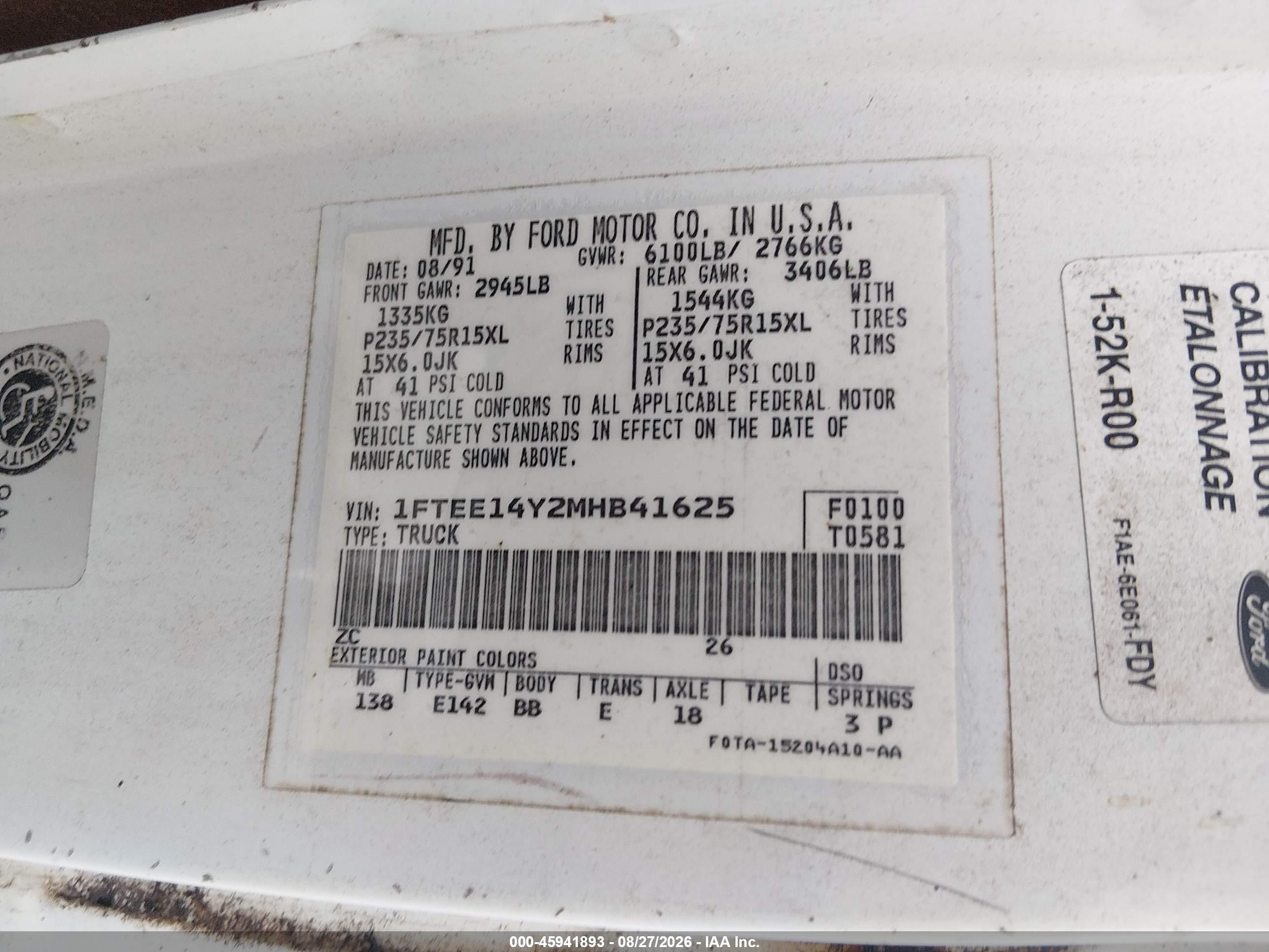 1991 Ford Econoline E150 Van White vin: 1FTEE14Y2MHB41625