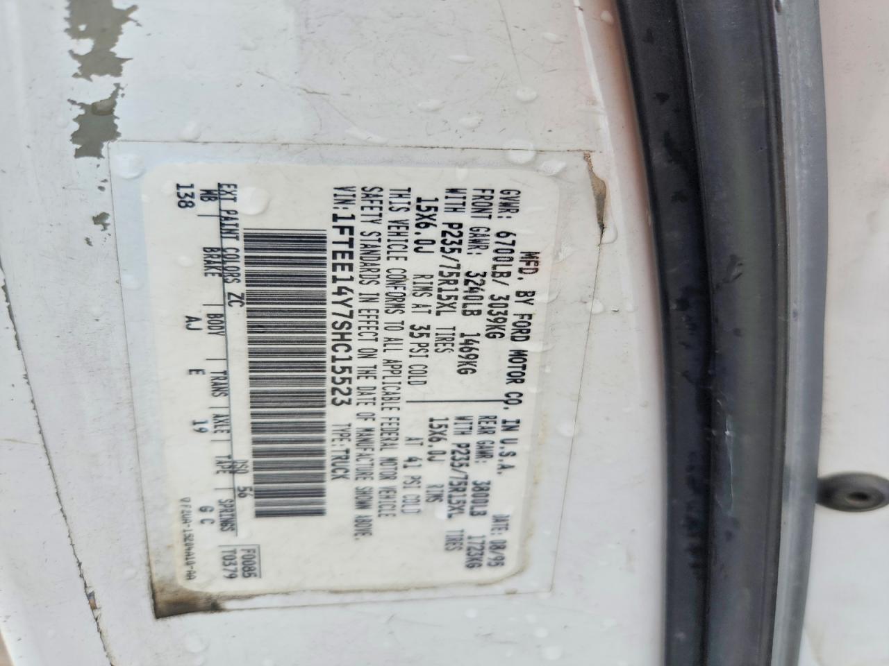 1995 Ford Econoline E150 Van White vin: 1FTEE14Y7SHC15523