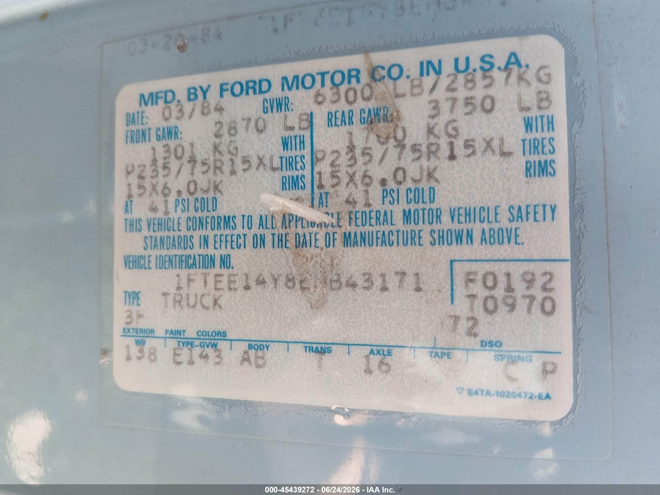 1984 Ford Econoline E150 Van Blue vin: 1FTEE14Y8EHB43171