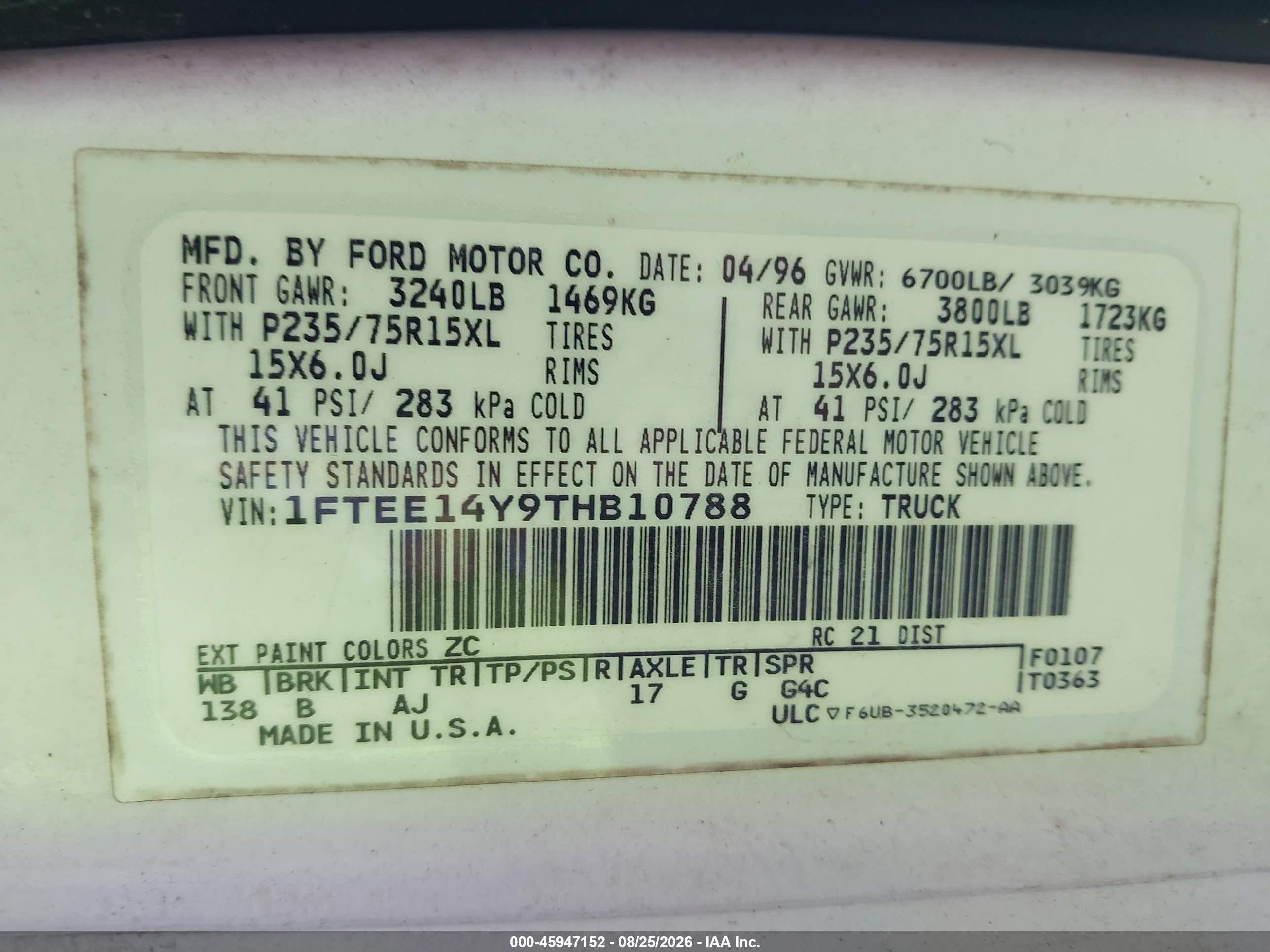 1996 Ford Econoline E150 Van White vin: 1FTEE14Y9THB10788