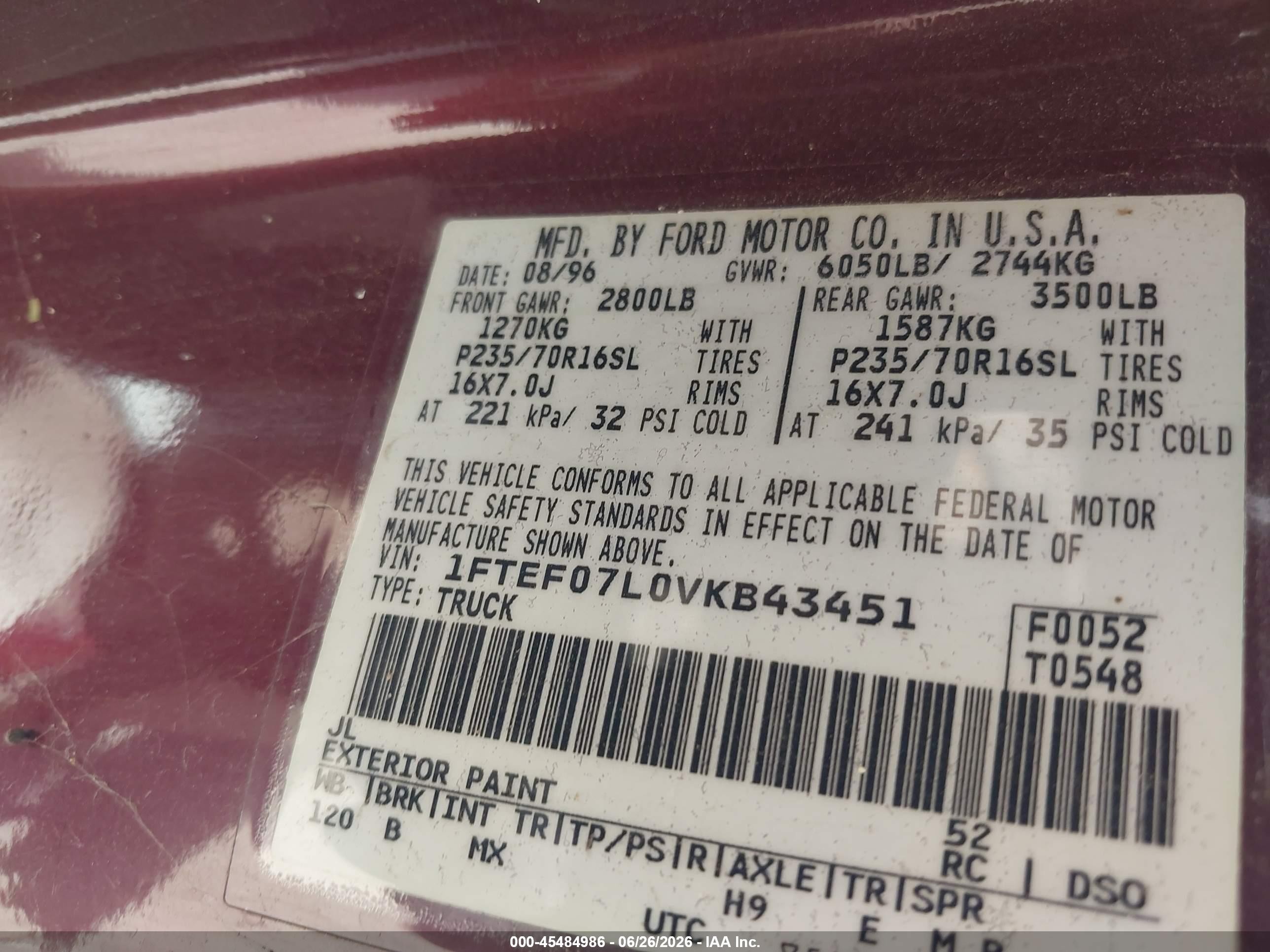 1997 Ford F-150 Lariat/xl/xlt Maroon vin: 1FTEF07L0VKB43451