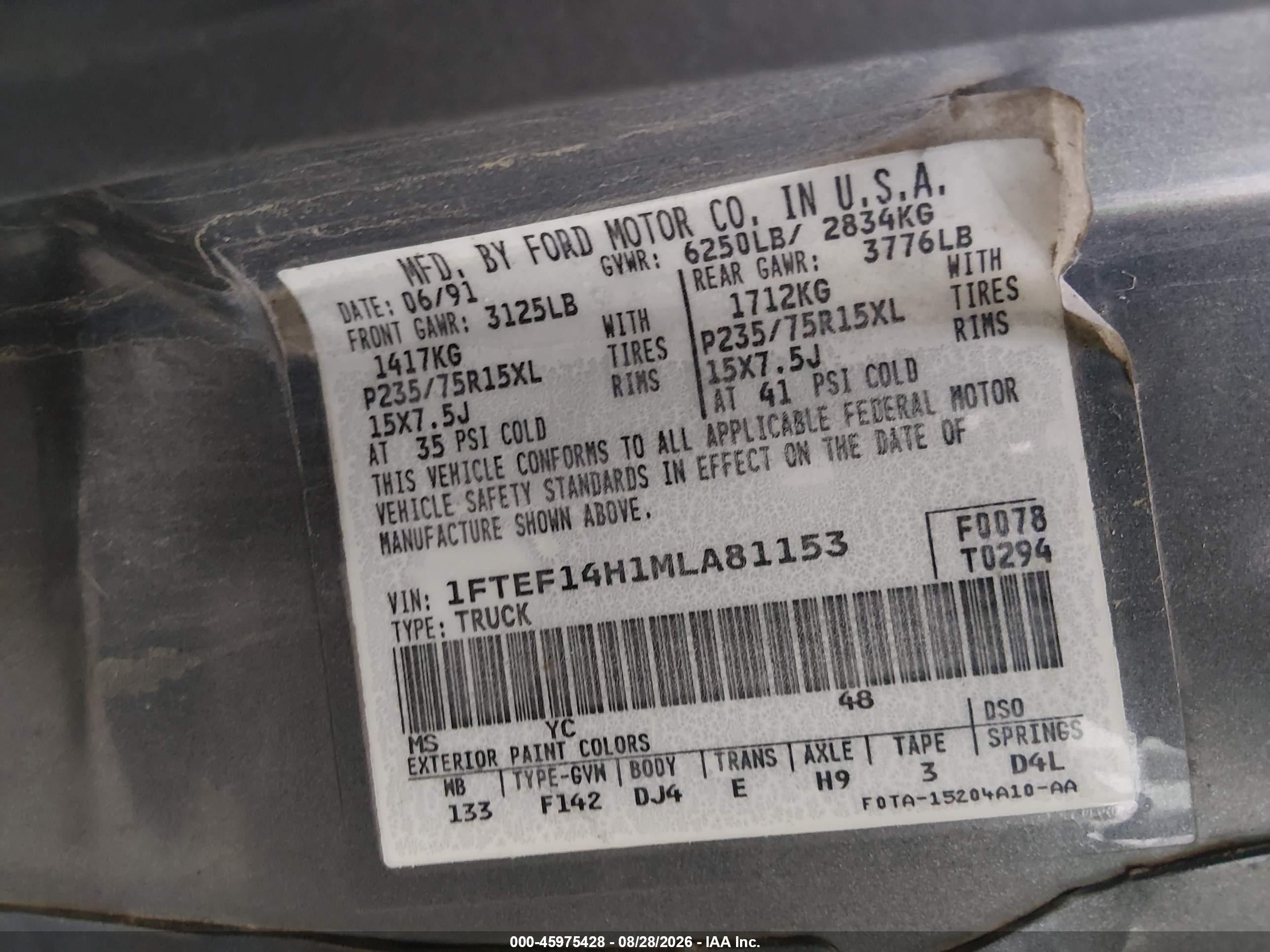 1991 Ford F150   Gray vin: 1FTEF14H1MLA81153