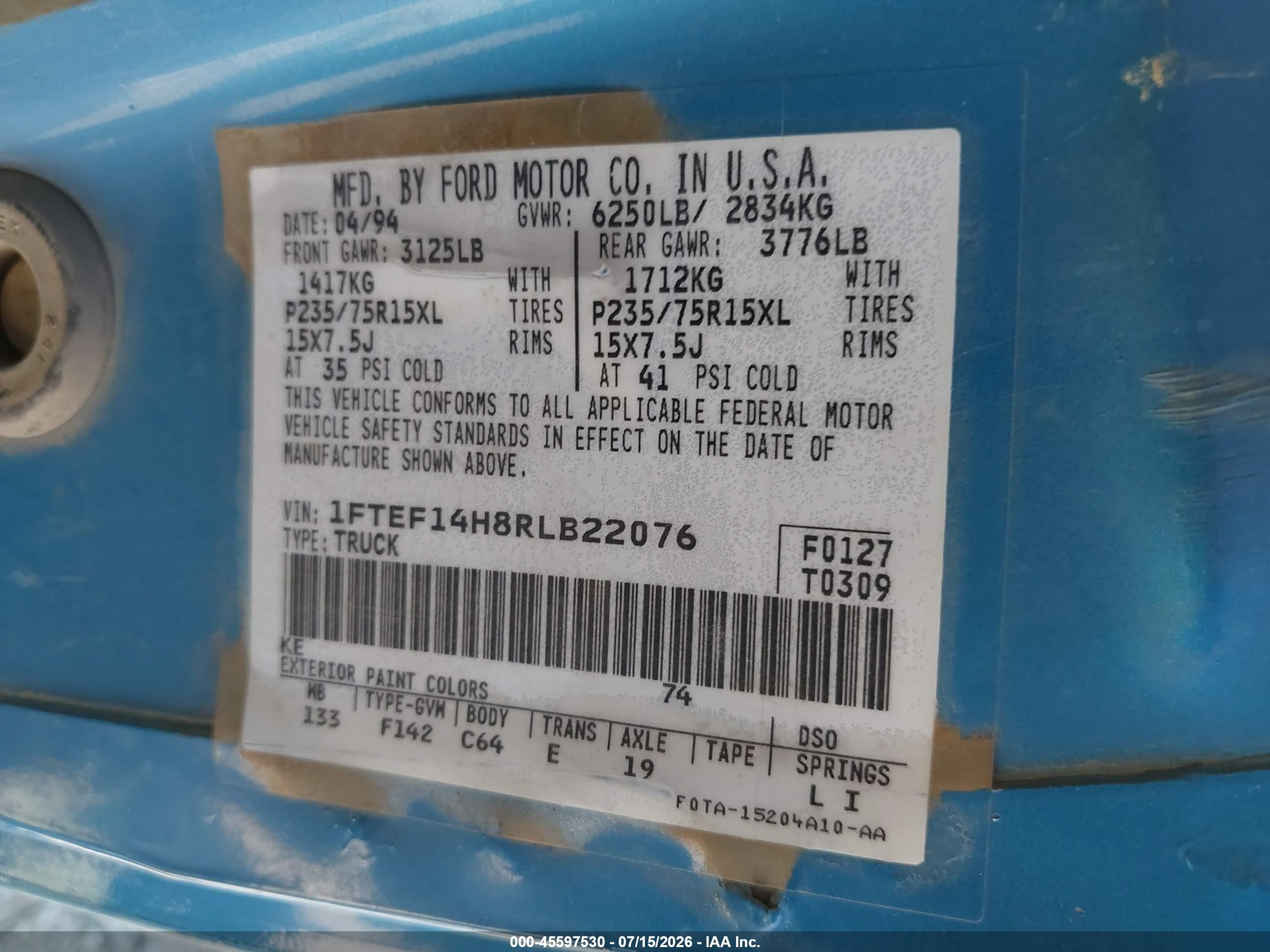 1994 Ford F150   Blue vin: 1FTEF14H8RLB22076