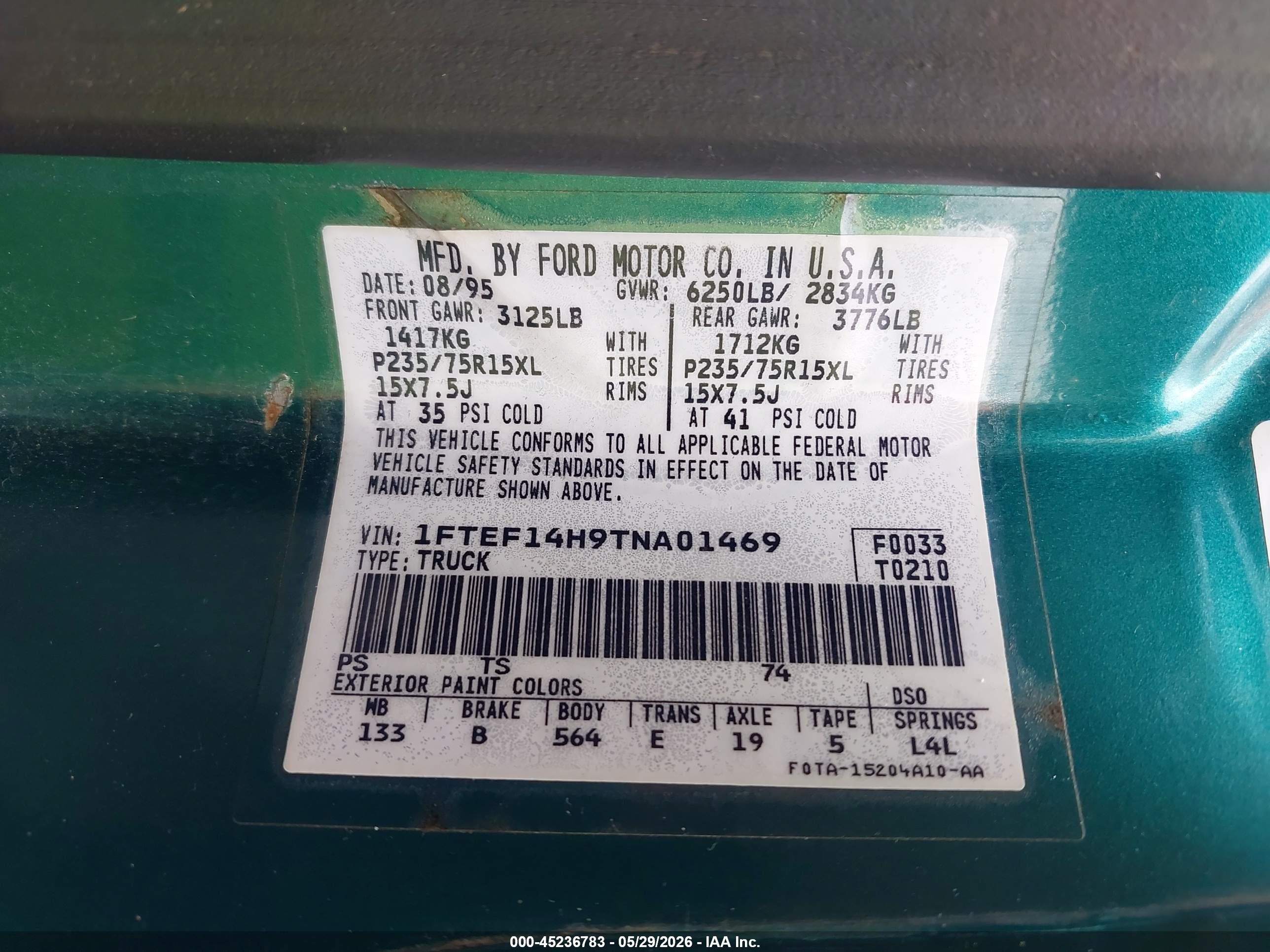 1996 Ford F150   Green vin: 1FTEF14H9TNA01469