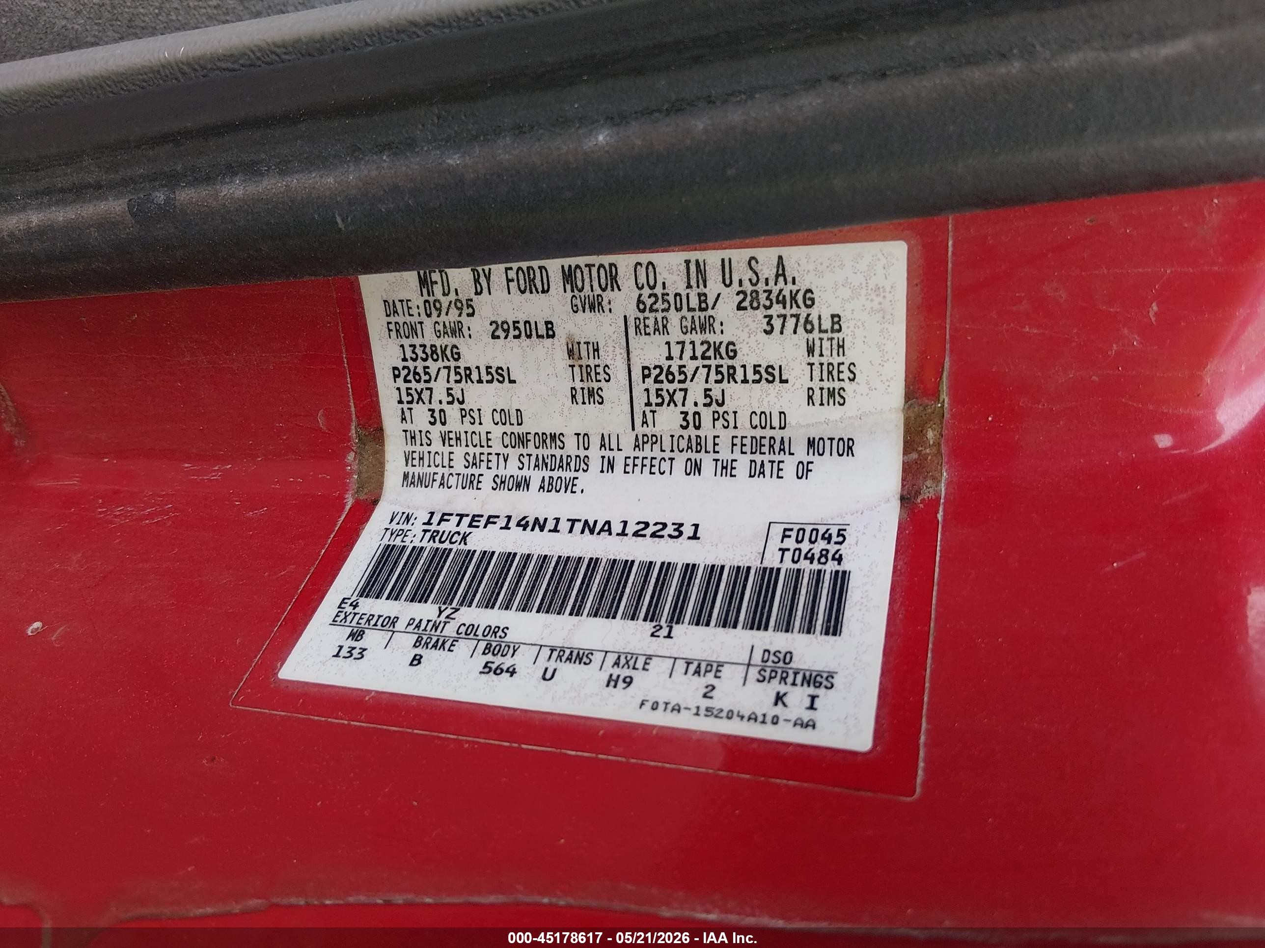 1996 Ford F150   Red vin: 1FTEF14N1TNA12231