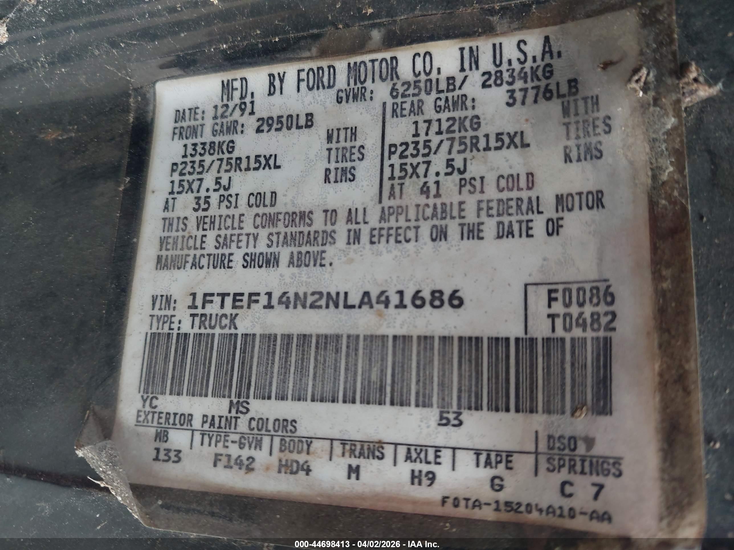 1992 Ford F150   Black vin: 1FTEF14N2NLA41686