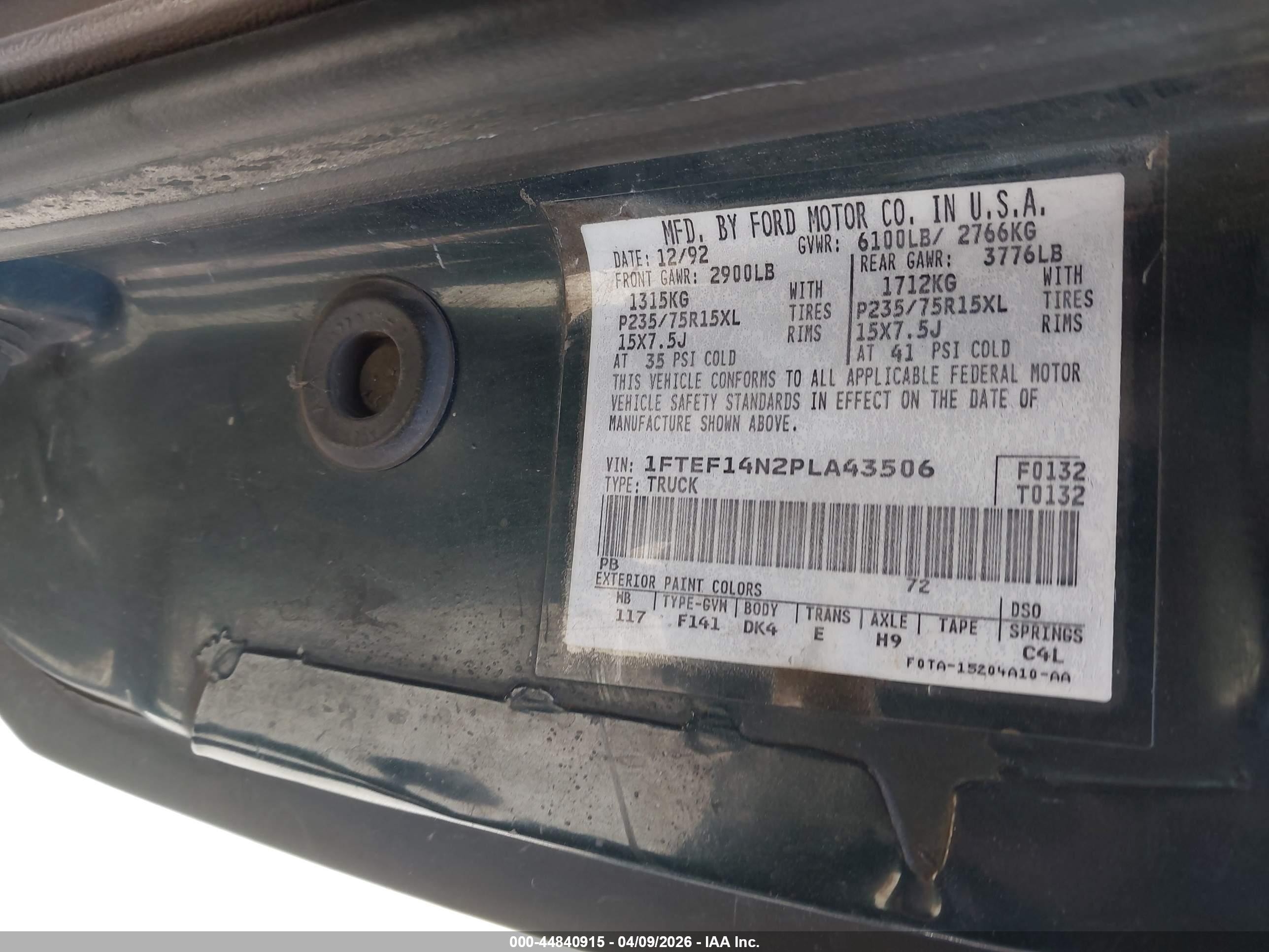 1993 Ford F150   Green vin: 1FTEF14N2PLA43506