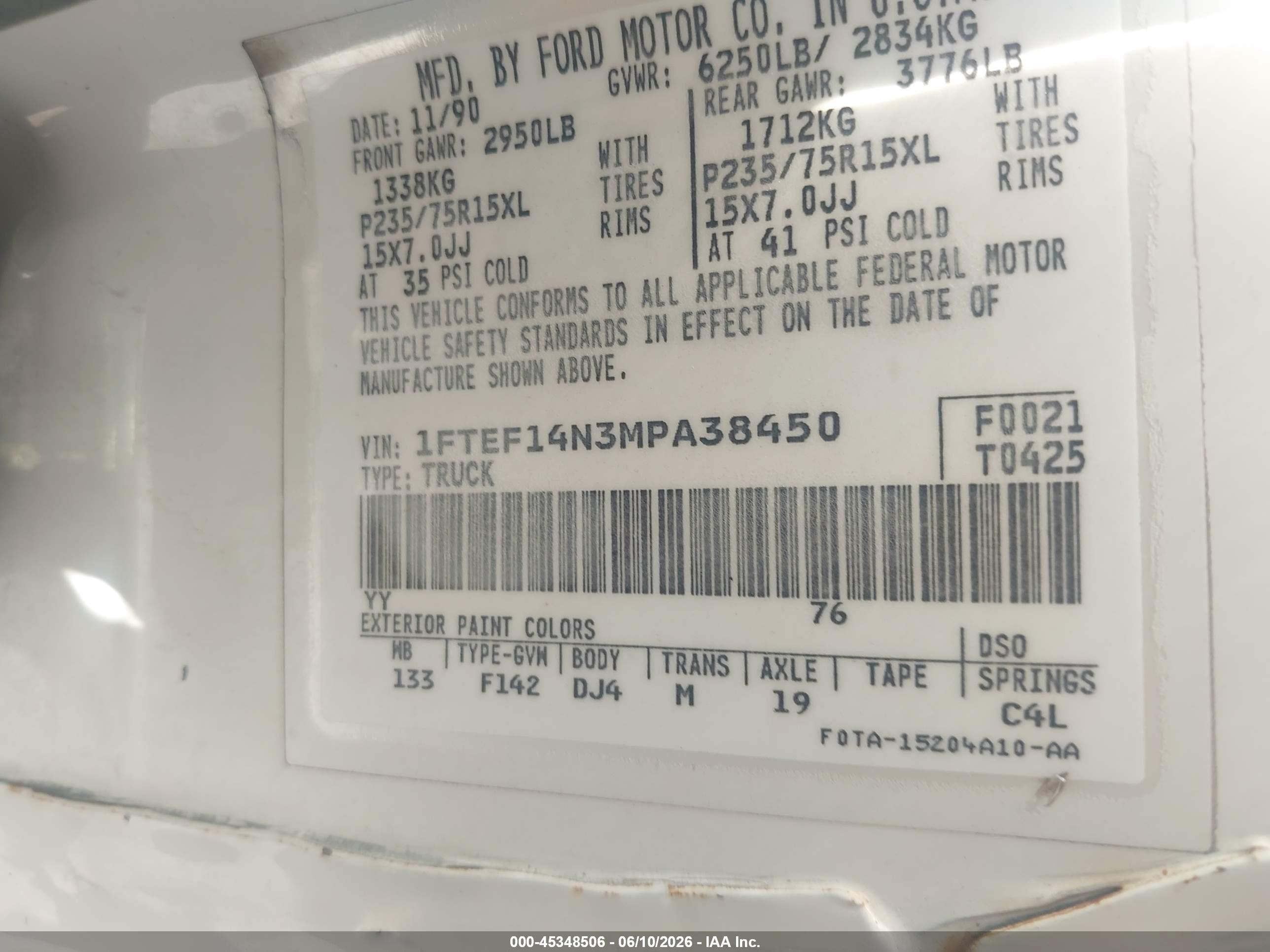 1991 Ford F150   White vin: 1FTEF14N3MPA38450