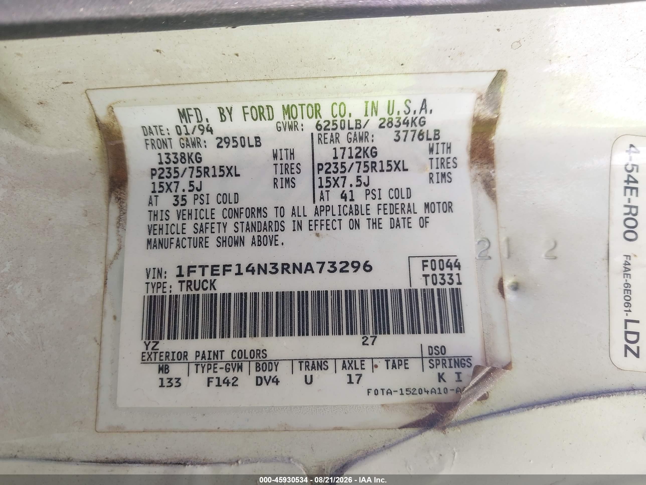 1994 Ford F150 White vin: 1FTEF14N3RNA73296