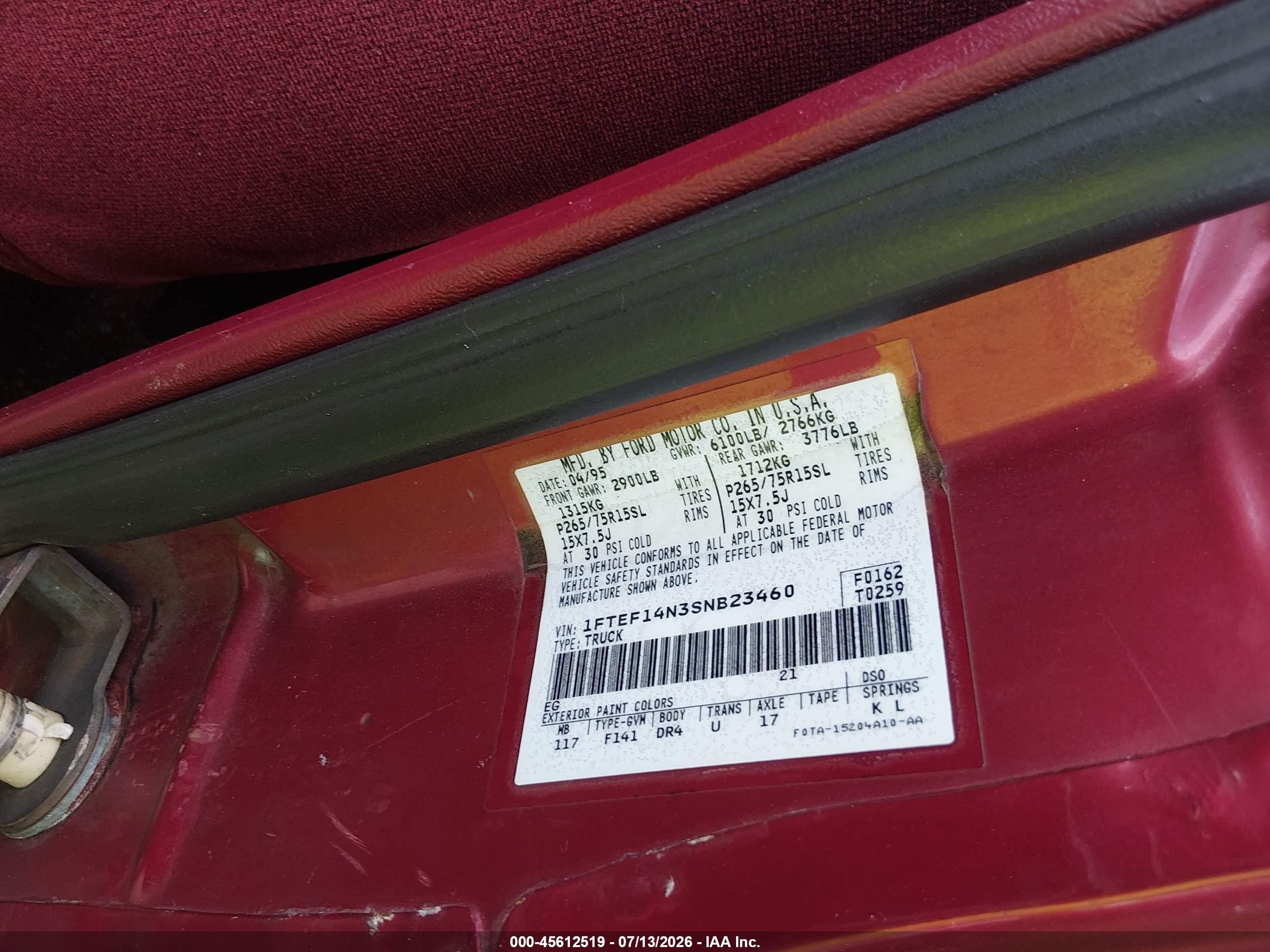 1995 Ford F150   Burgundy vin: 1FTEF14N3SNB23460
