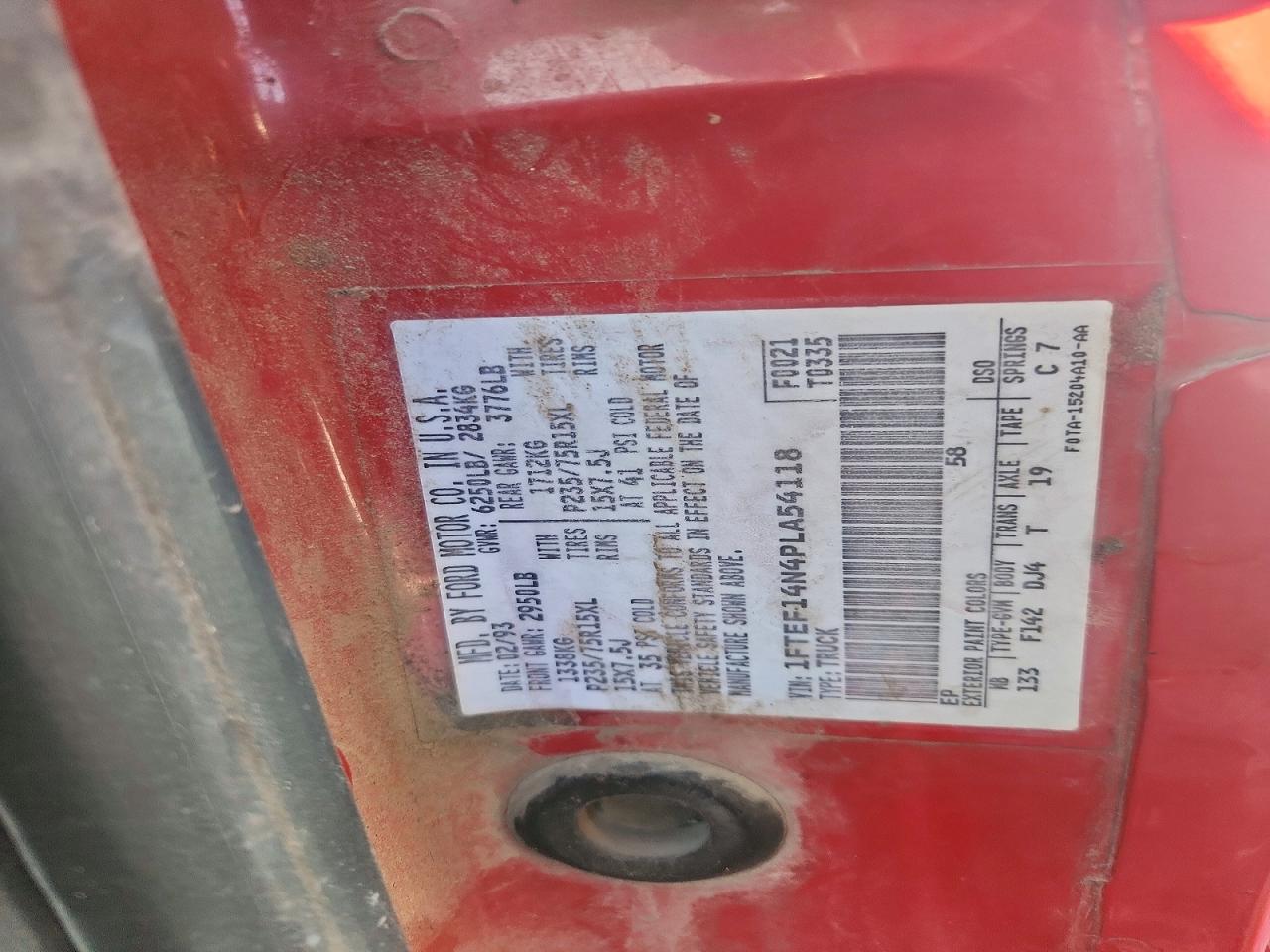 1993 Ford F150 Red vin: 1FTEF14N4PLA54118