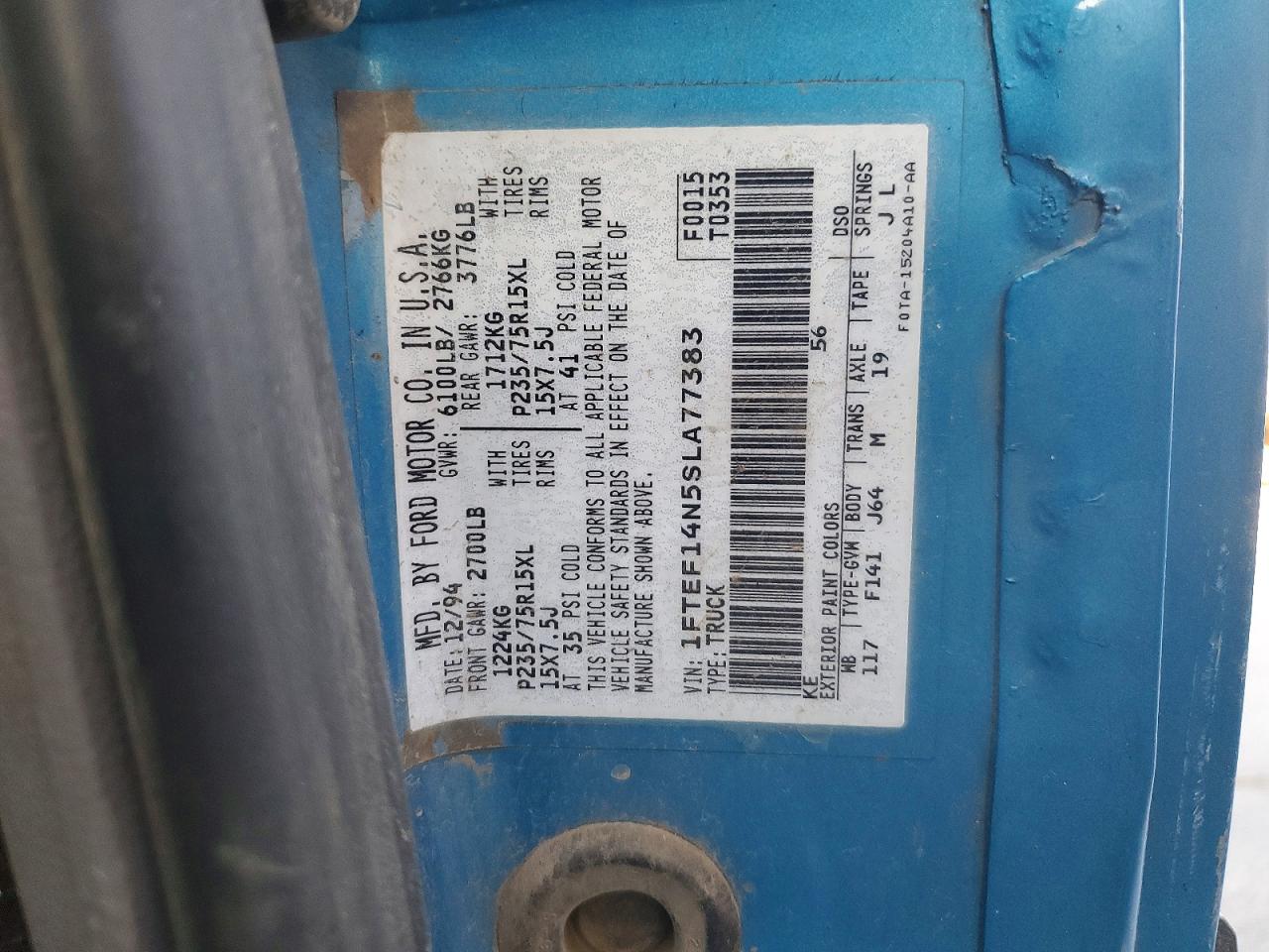 1995 Ford F150 Blue vin: 1FTEF14N5SLA77383