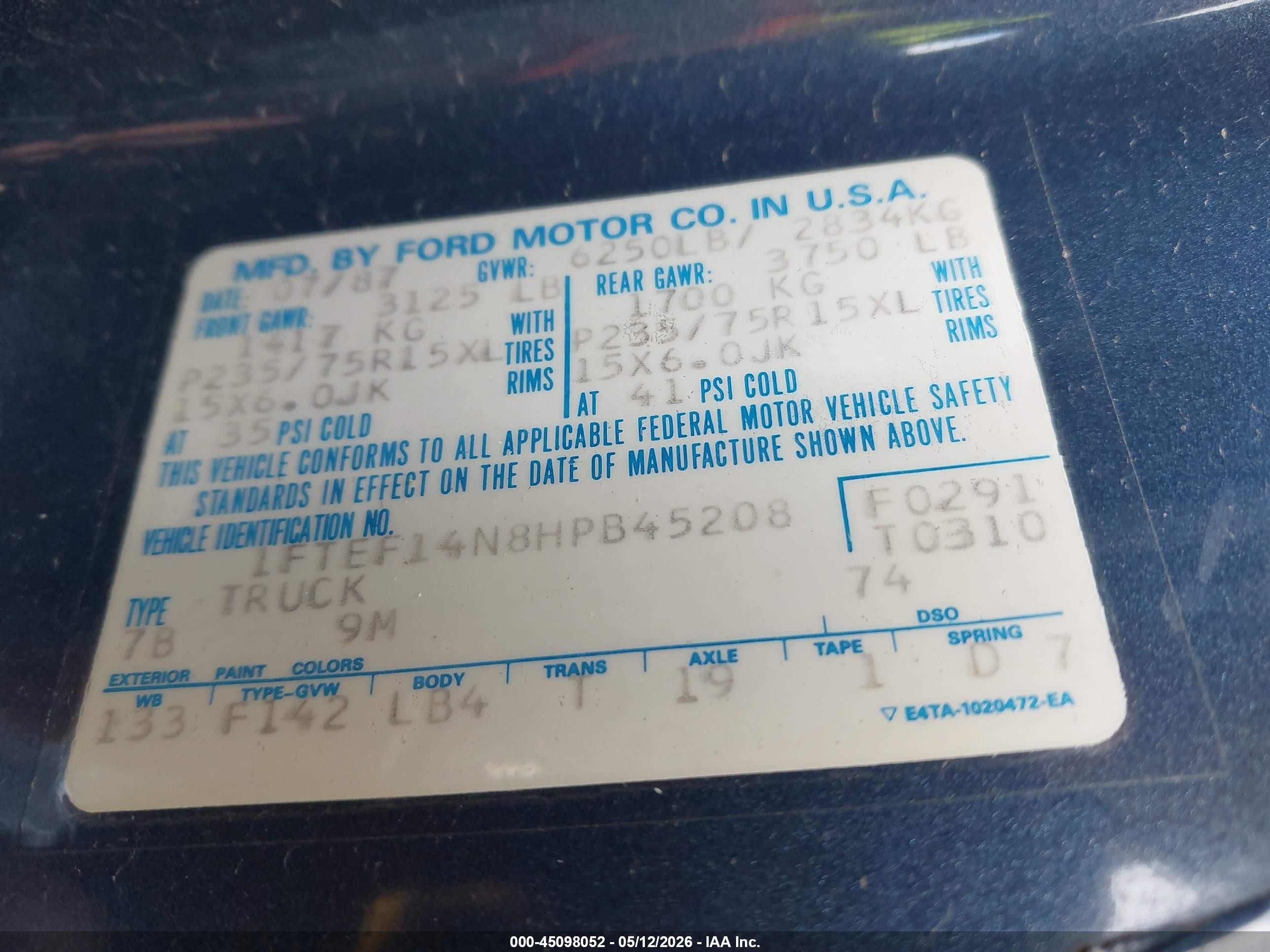 1987 Ford F150   Blue vin: 1FTEF14N8HPB45208