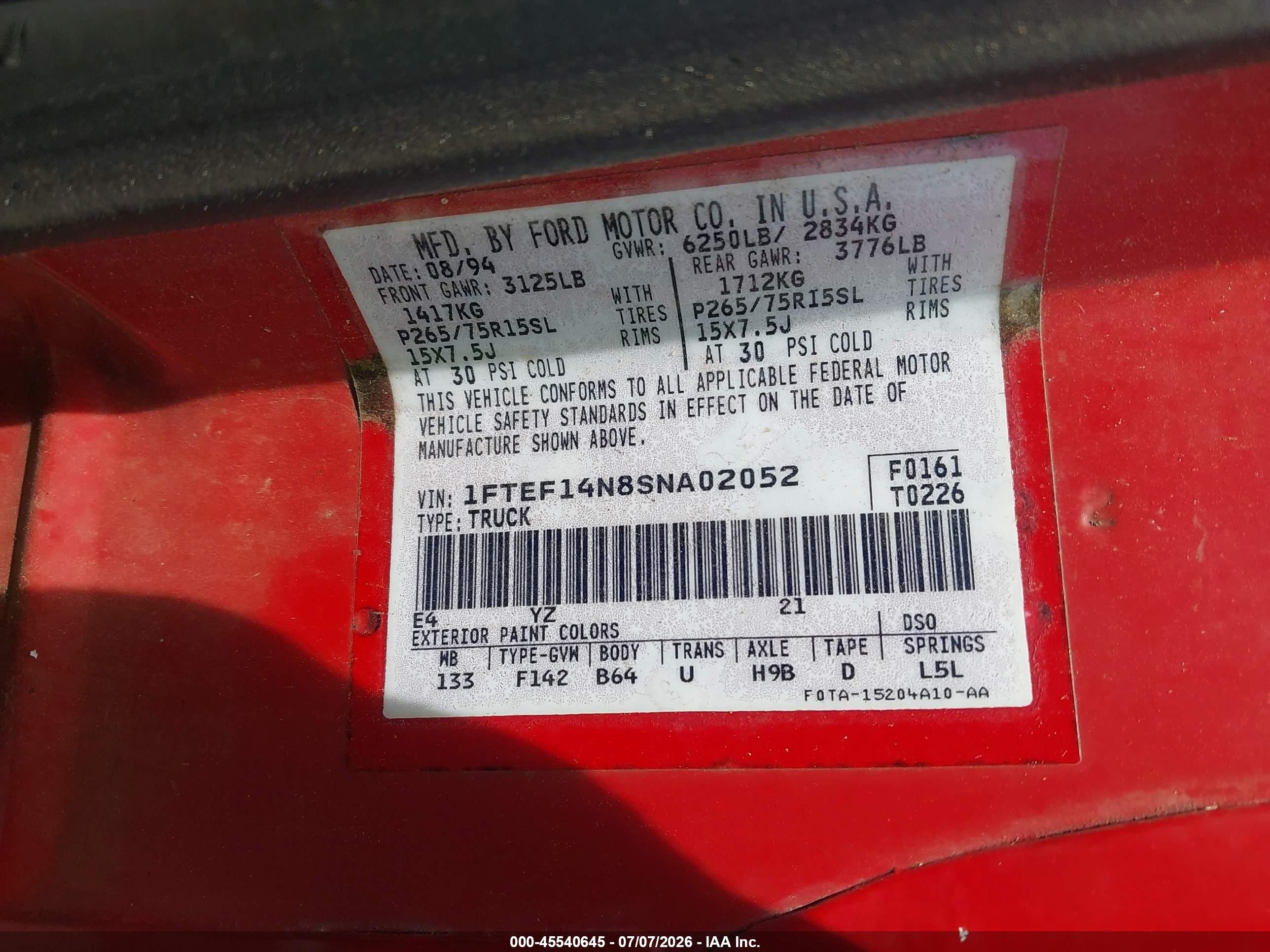 1995 Ford F150   Красный vin: 1FTEF14N8SNA02052