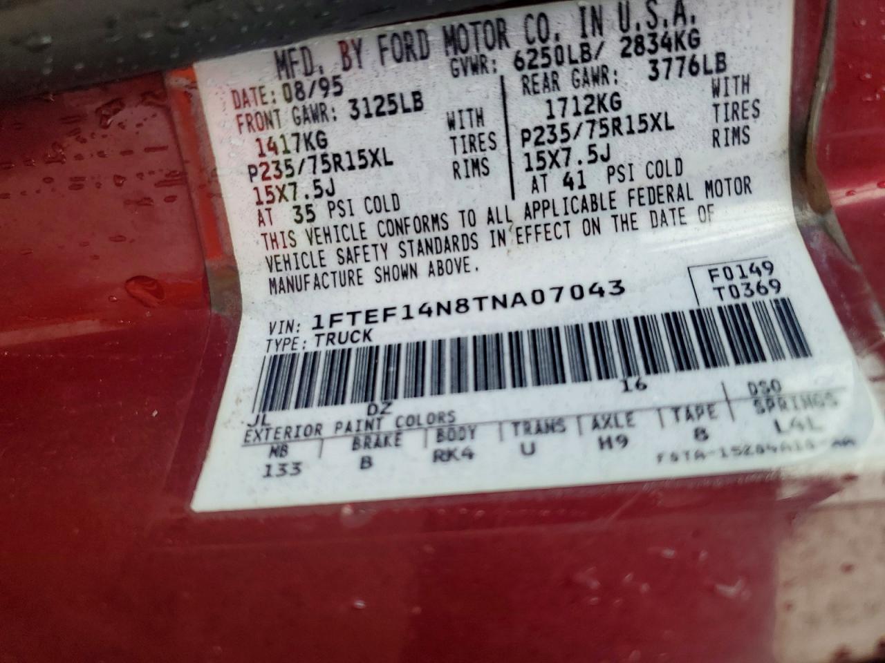 1996 Ford F150 Burgundy vin: 1FTEF14N8TNA07043