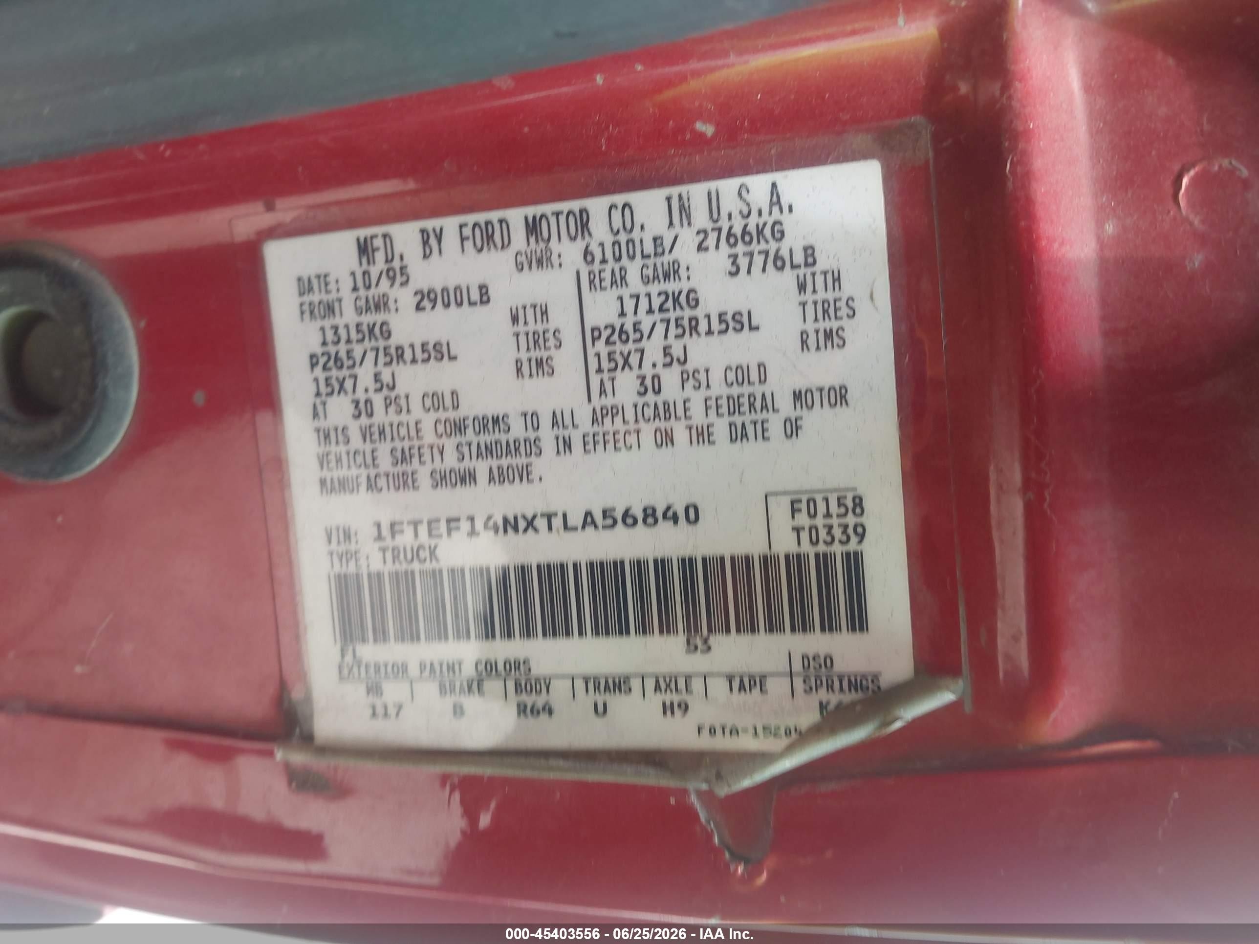 1996 Ford F150   Красный vin: 1FTEF14NXTLA56840