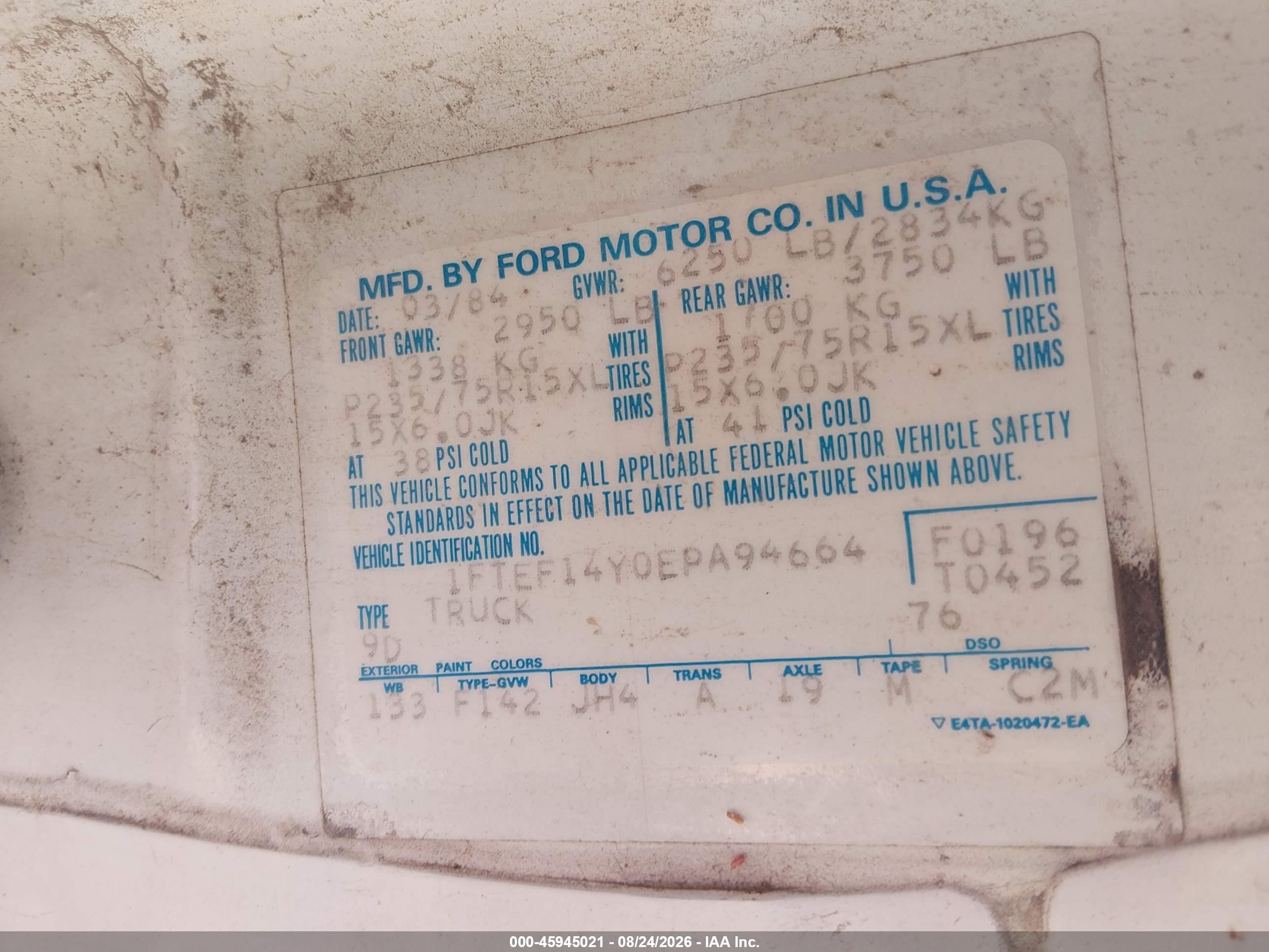 1984 Ford F150   White vin: 1FTEF14Y0EPA94664