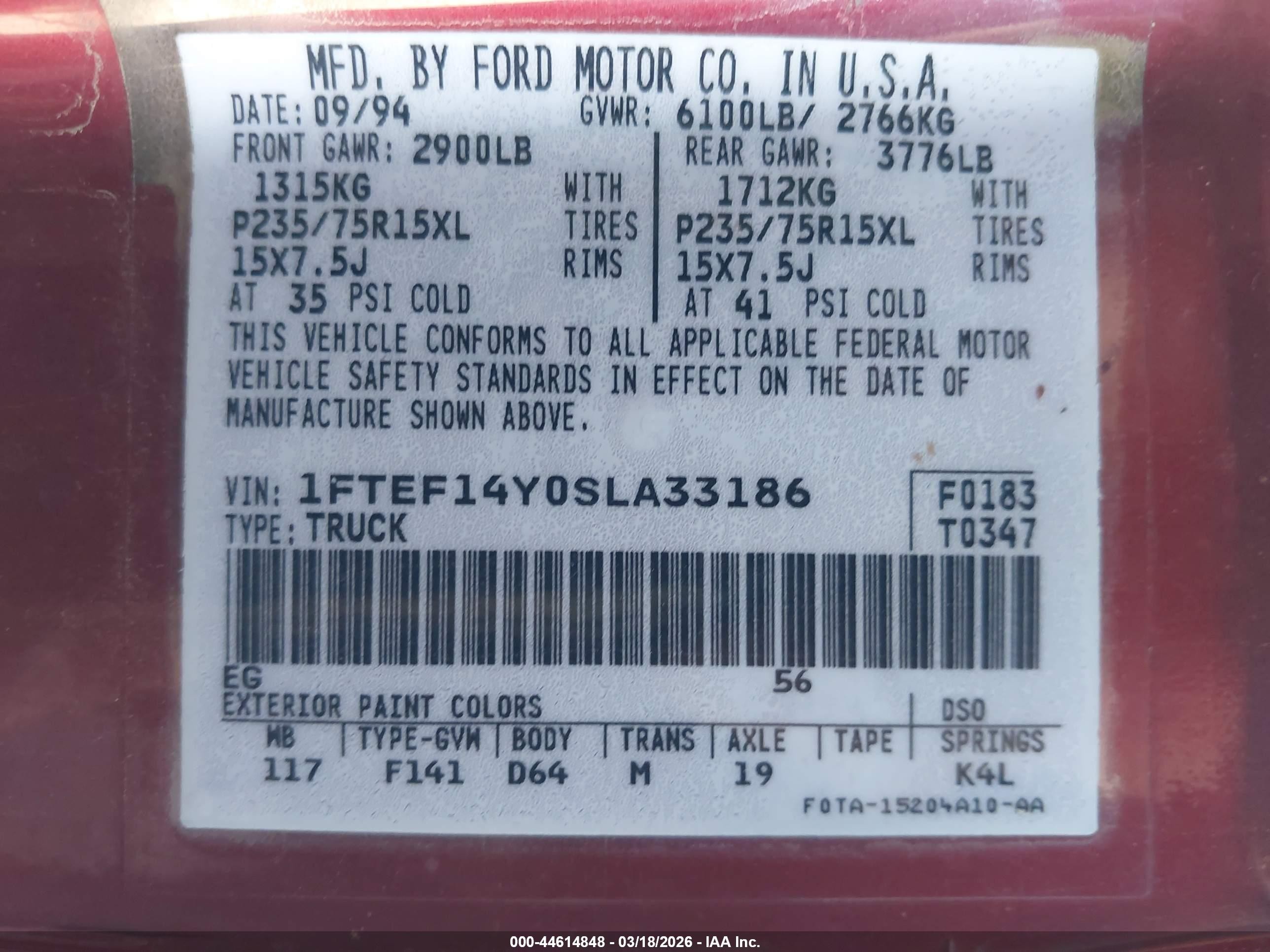 1995 Ford F150   Red vin: 1FTEF14Y0SLA33186