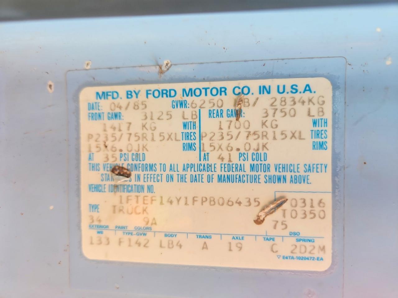 1985 Ford F150 Blue vin: 1FTEF14Y1FPB06435