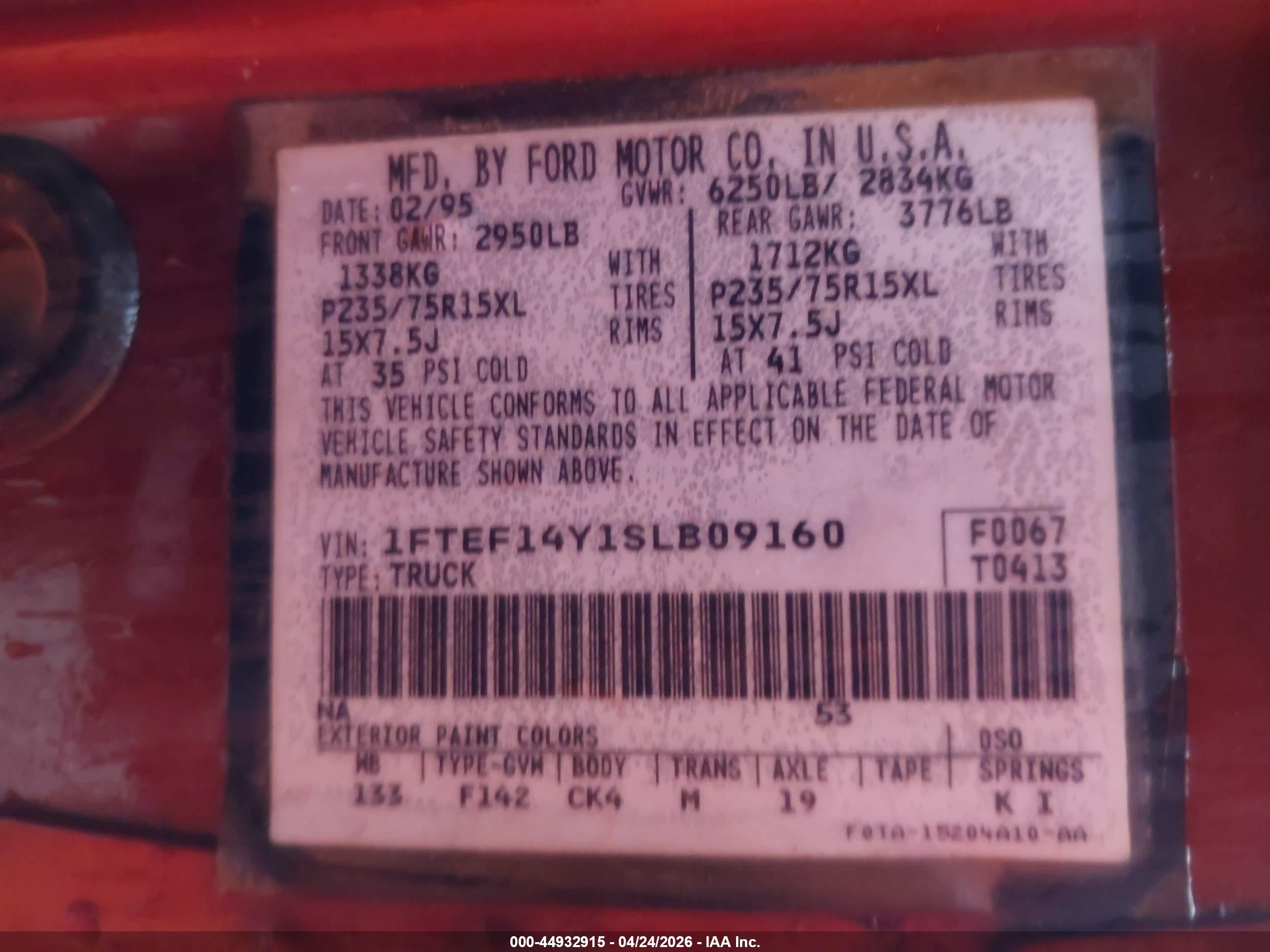 1995 Ford F150   Red vin: 1FTEF14Y1SLB09160