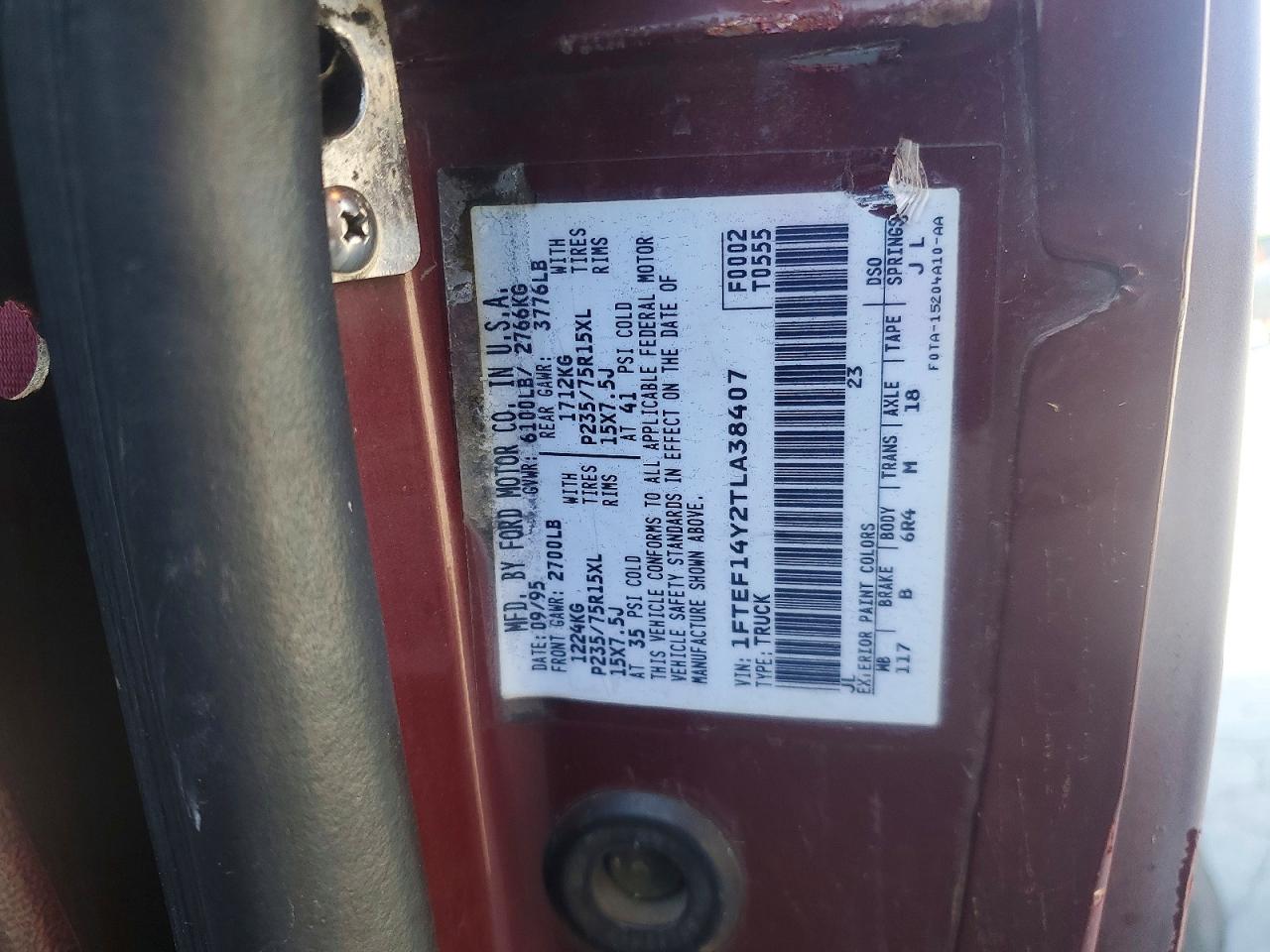 1996 Ford F150 Maroon vin: 1FTEF14Y2TLA38407