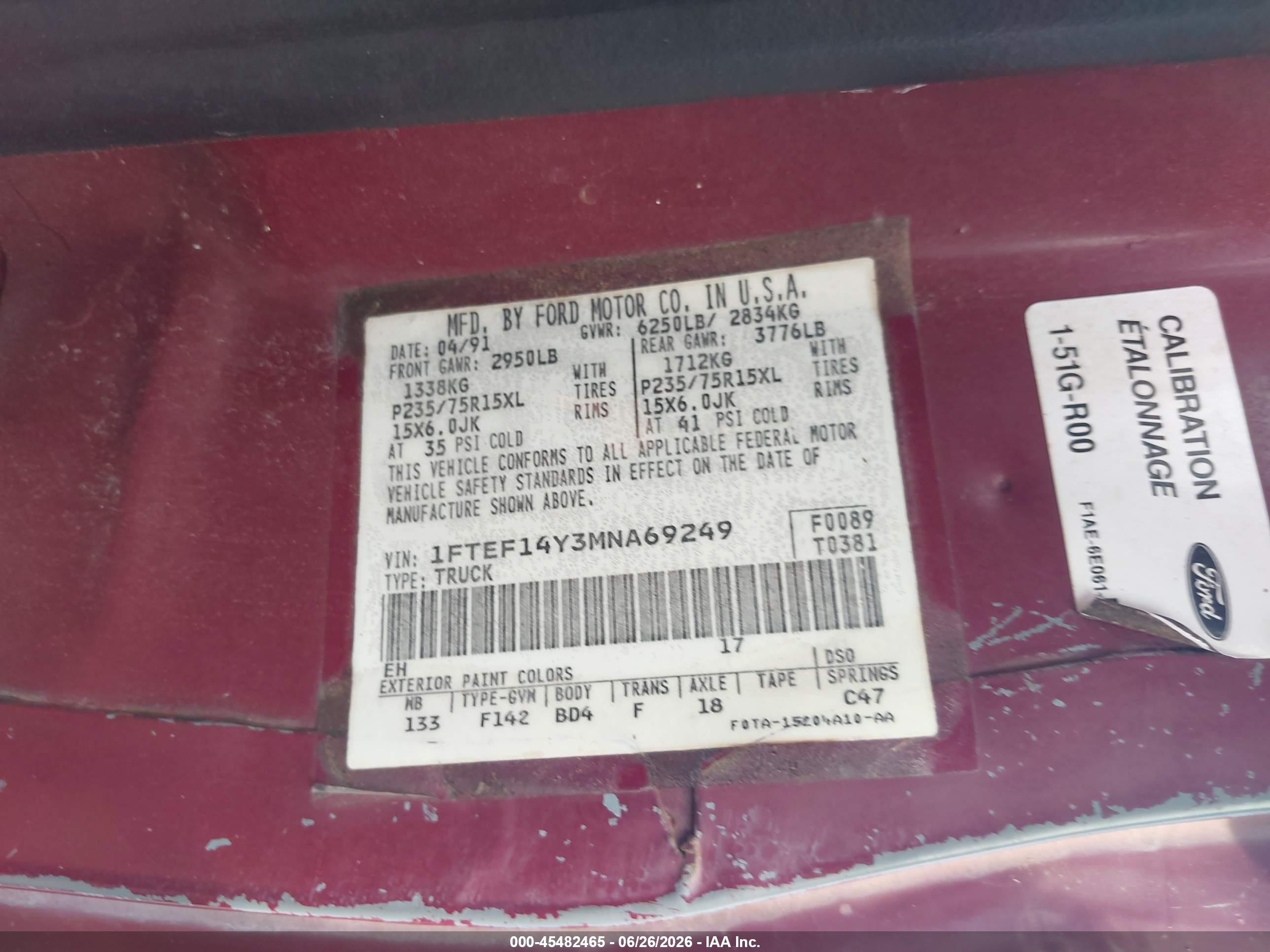 1991 Ford F150   Красный vin: 1FTEF14Y3MNA69249