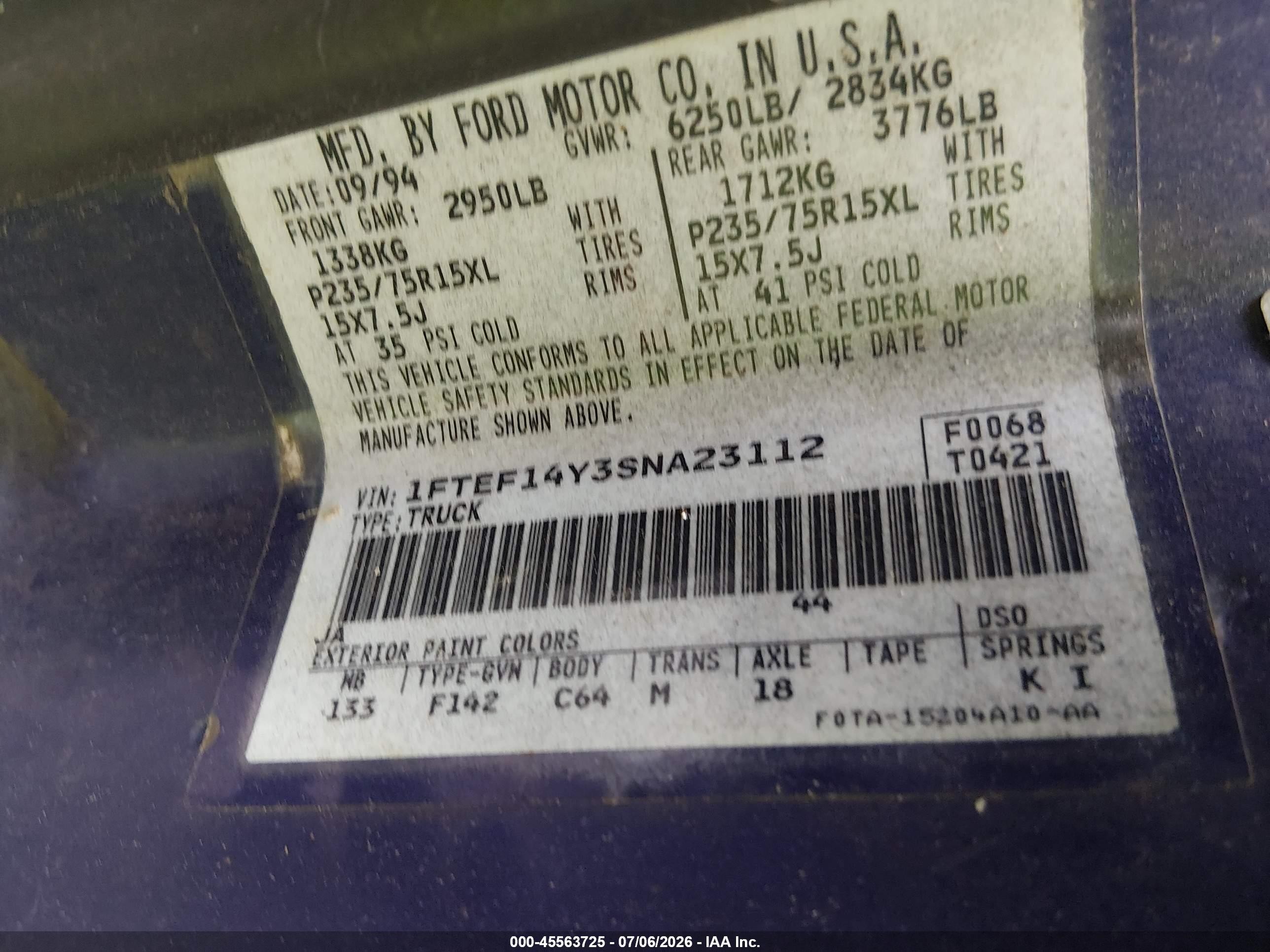 1995 Ford F150   Black vin: 1FTEF14Y3SNA23112