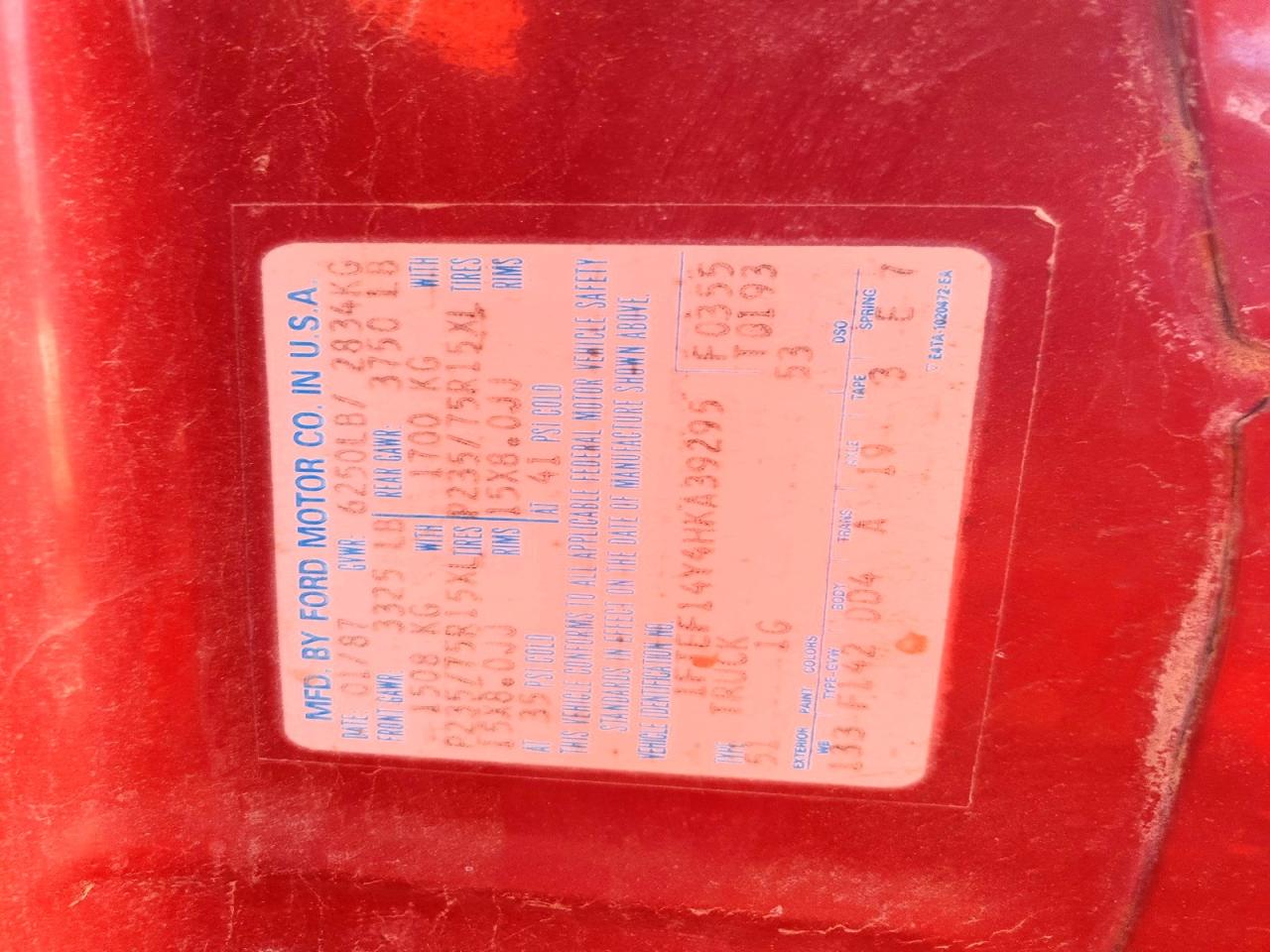 1987 Ford F150 Red vin: 1FTEF14Y4HKA39295