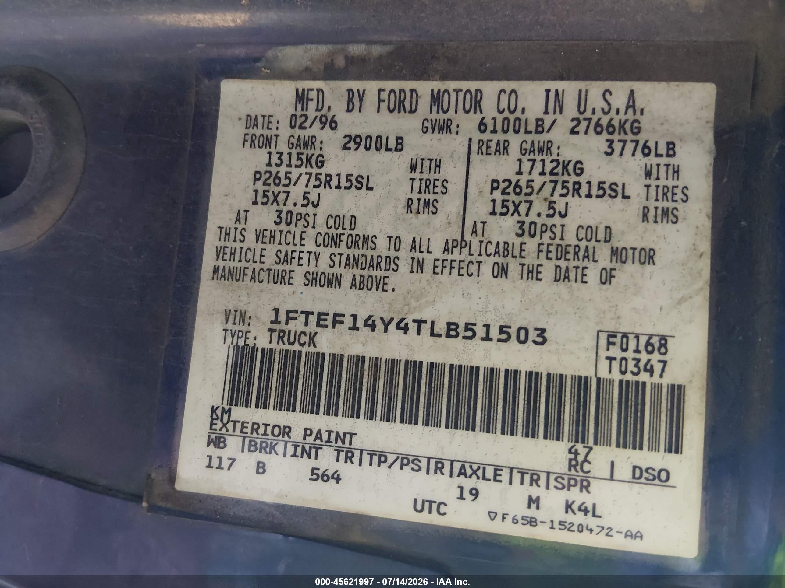 1996 Ford F150   Blue vin: 1FTEF14Y4TLB51503