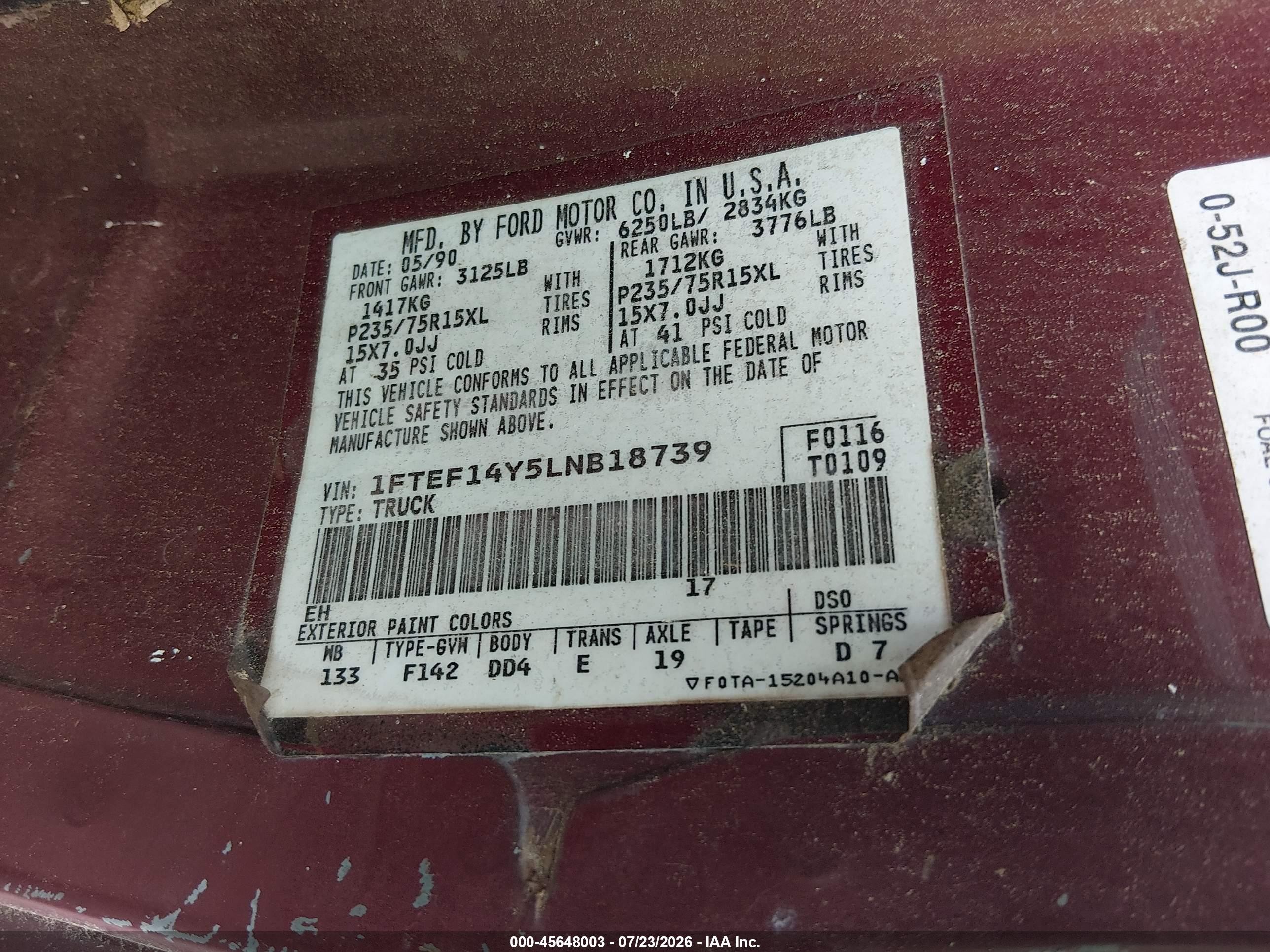 1990 Ford F150 Бордовый vin: 1FTEF14Y5LNB18739