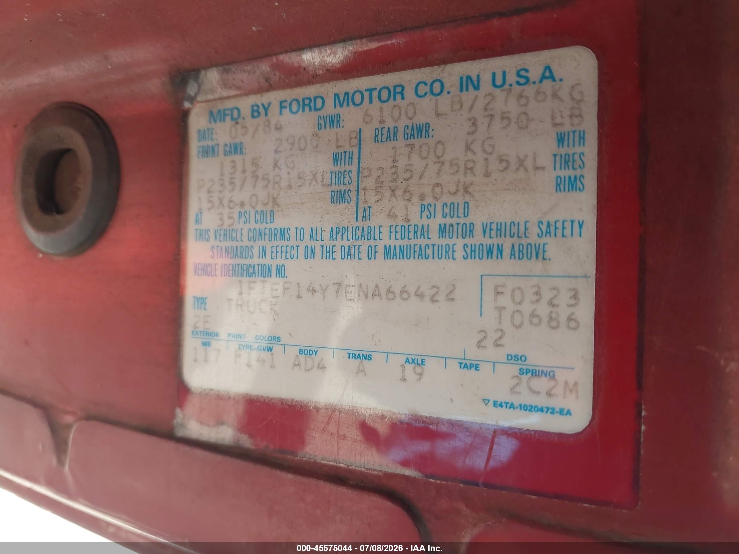 1984 Ford F150   Red vin: 1FTEF14Y7ENA66422