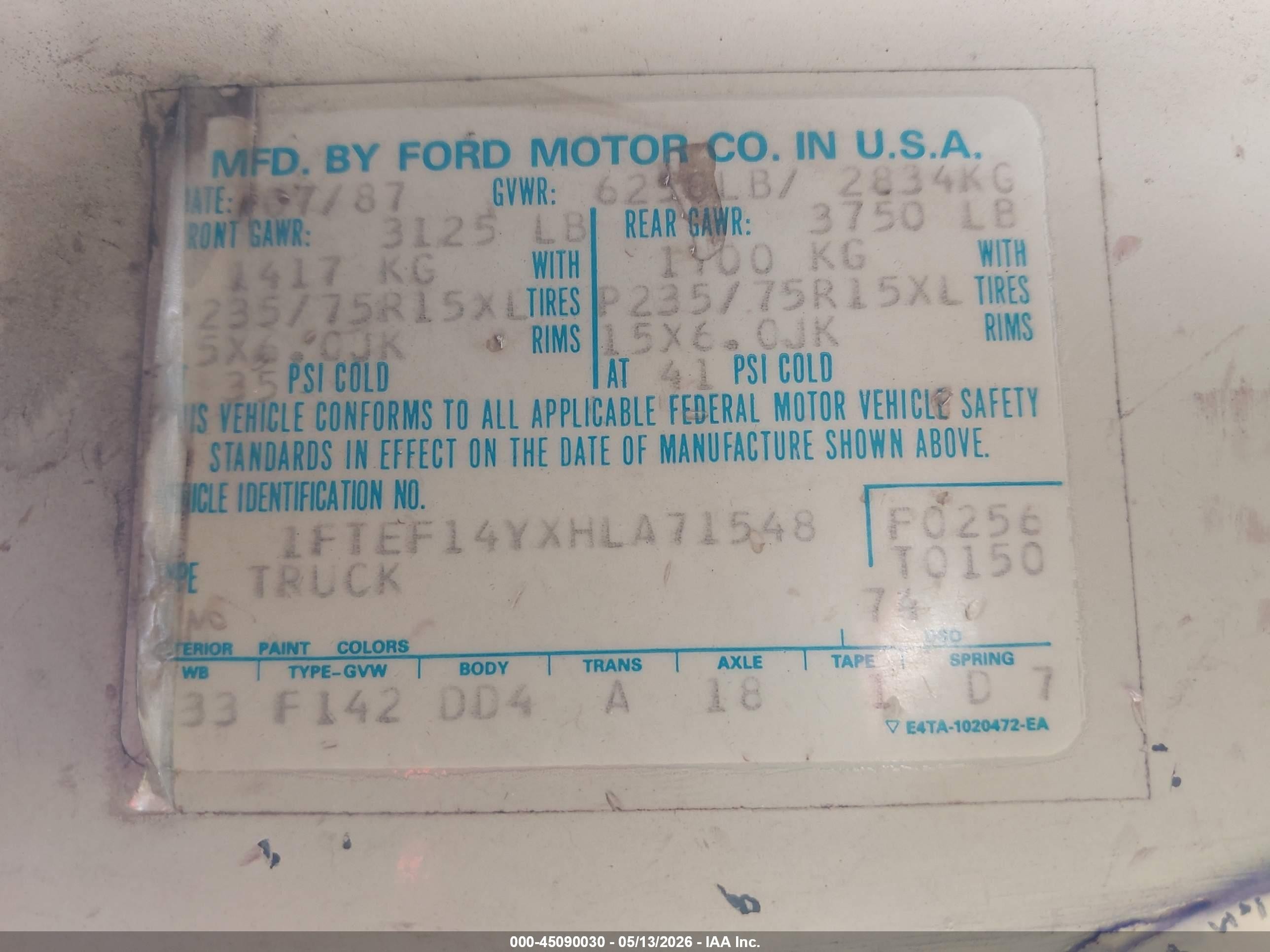 1987 Ford F150   White vin: 1FTEF14YXHLA71548