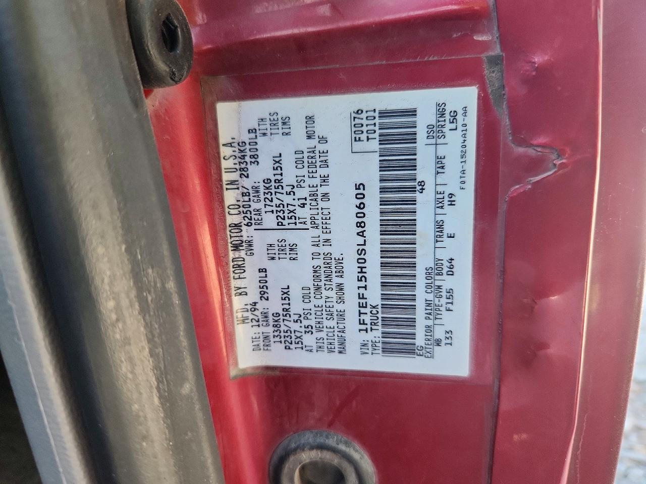 1995 Ford F150 Red vin: 1FTEF15H0SLA80605