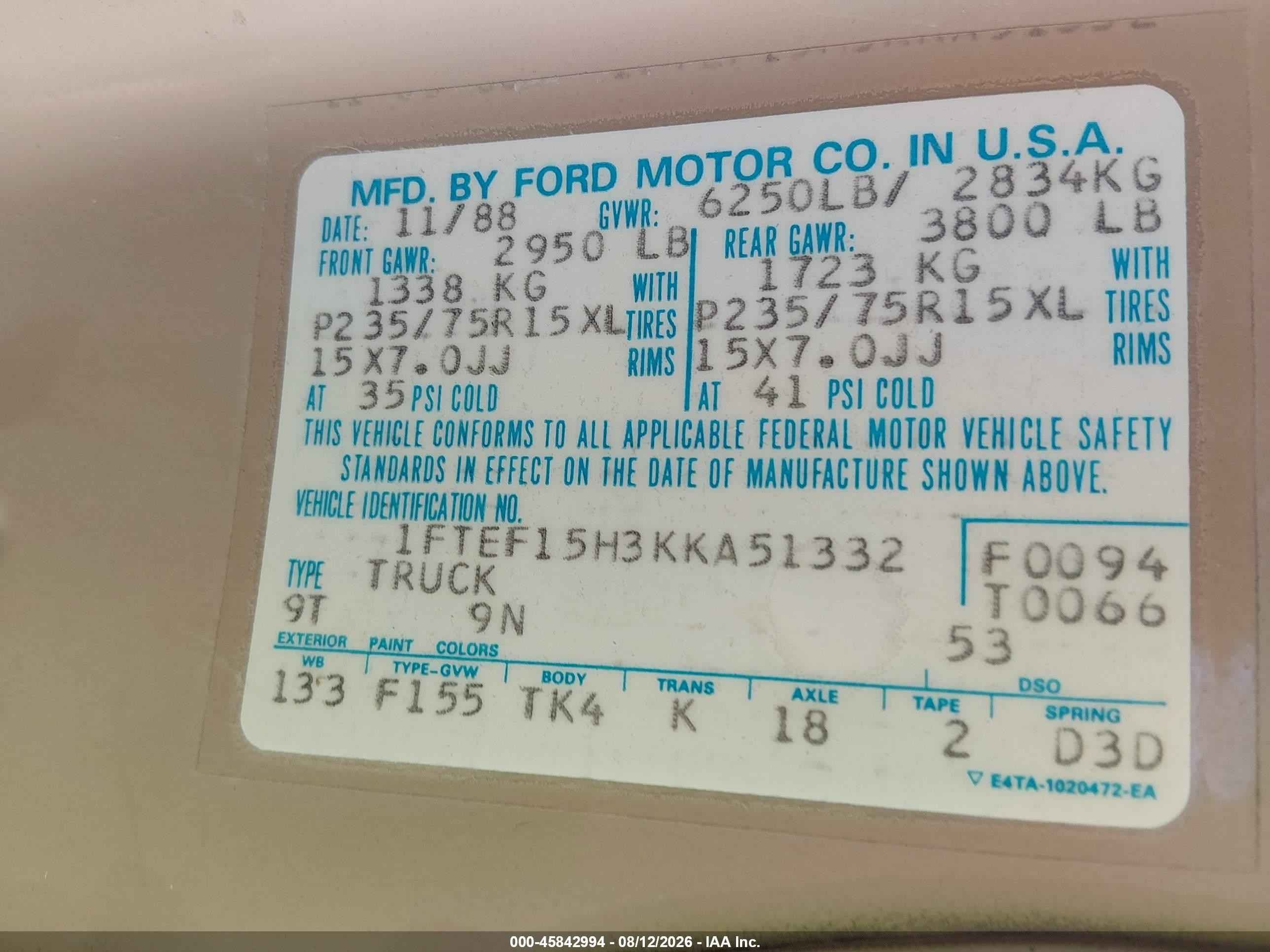1989 Ford F150   Brown vin: 1FTEF15H3KKA51332